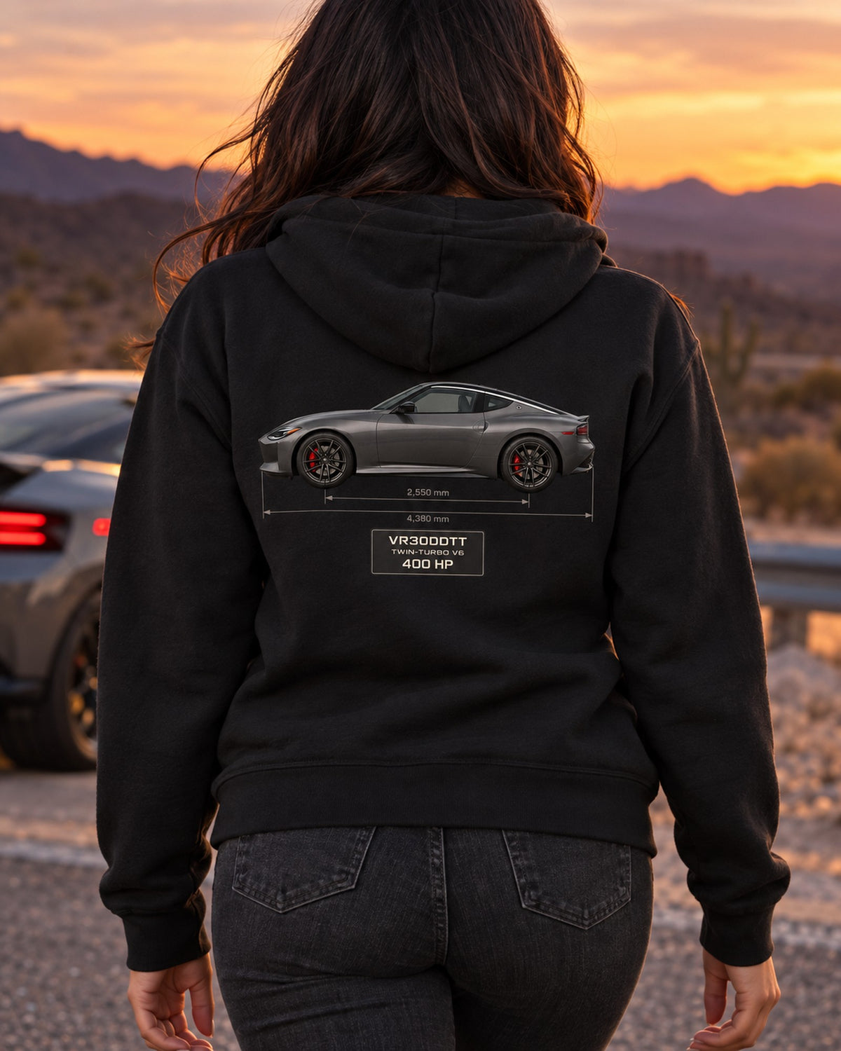 2024 Nissan Z NISMO Spec Panel Shirt, Dossier Print Zip Hoodie Black worn hero