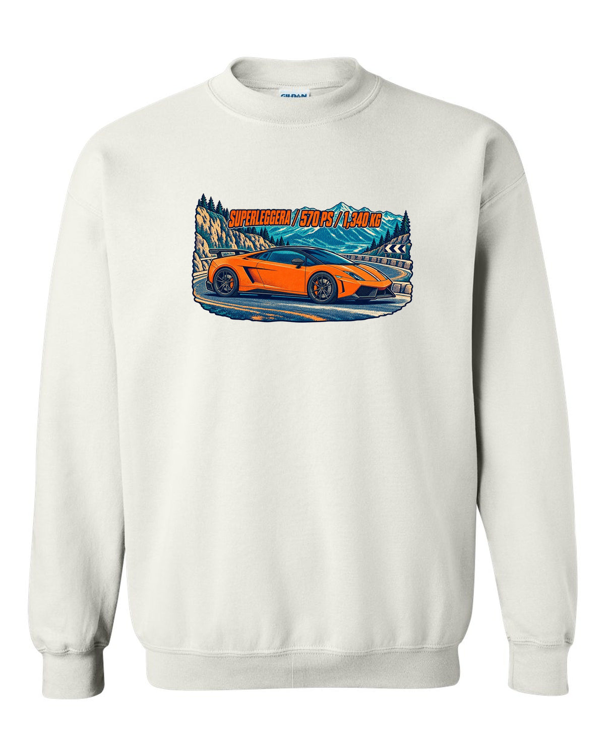 Three-colour risograph design of a Lamborghini Gallardo LP570-4 Superleggera on a mountain pass white crewneck front view with the design