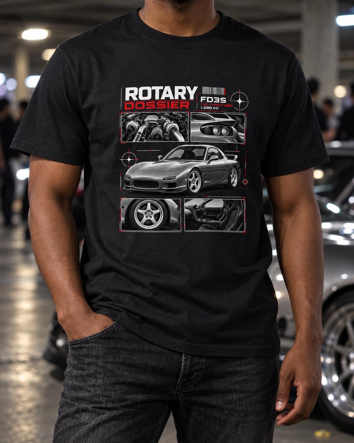Mazda RX-7 FD3S Rotary Dossier print, Twin Turbo Tee T-Shirt Black worn hero