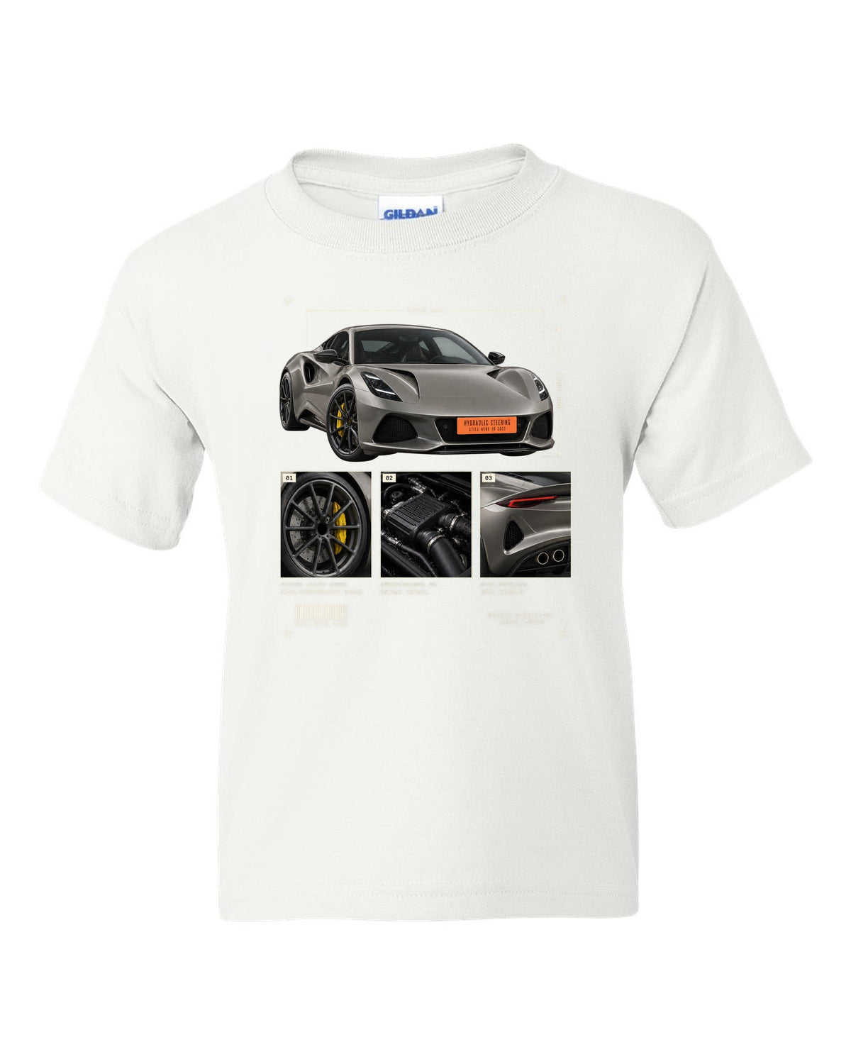 Lotus Emira V6 2021 hero view with three detail panels print with hydraulic steering text white kids tee front view with the design