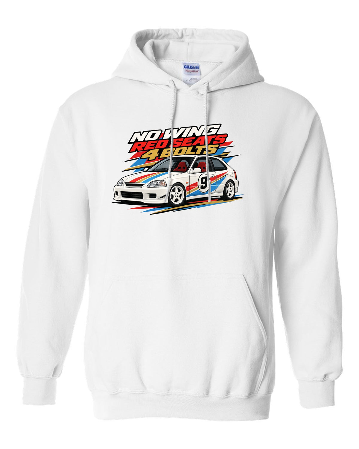 Retro racing livery print of a Honda Civic Type R EK9 with no wing red seats 4 bolts text white pull over hoodie front view with the design
