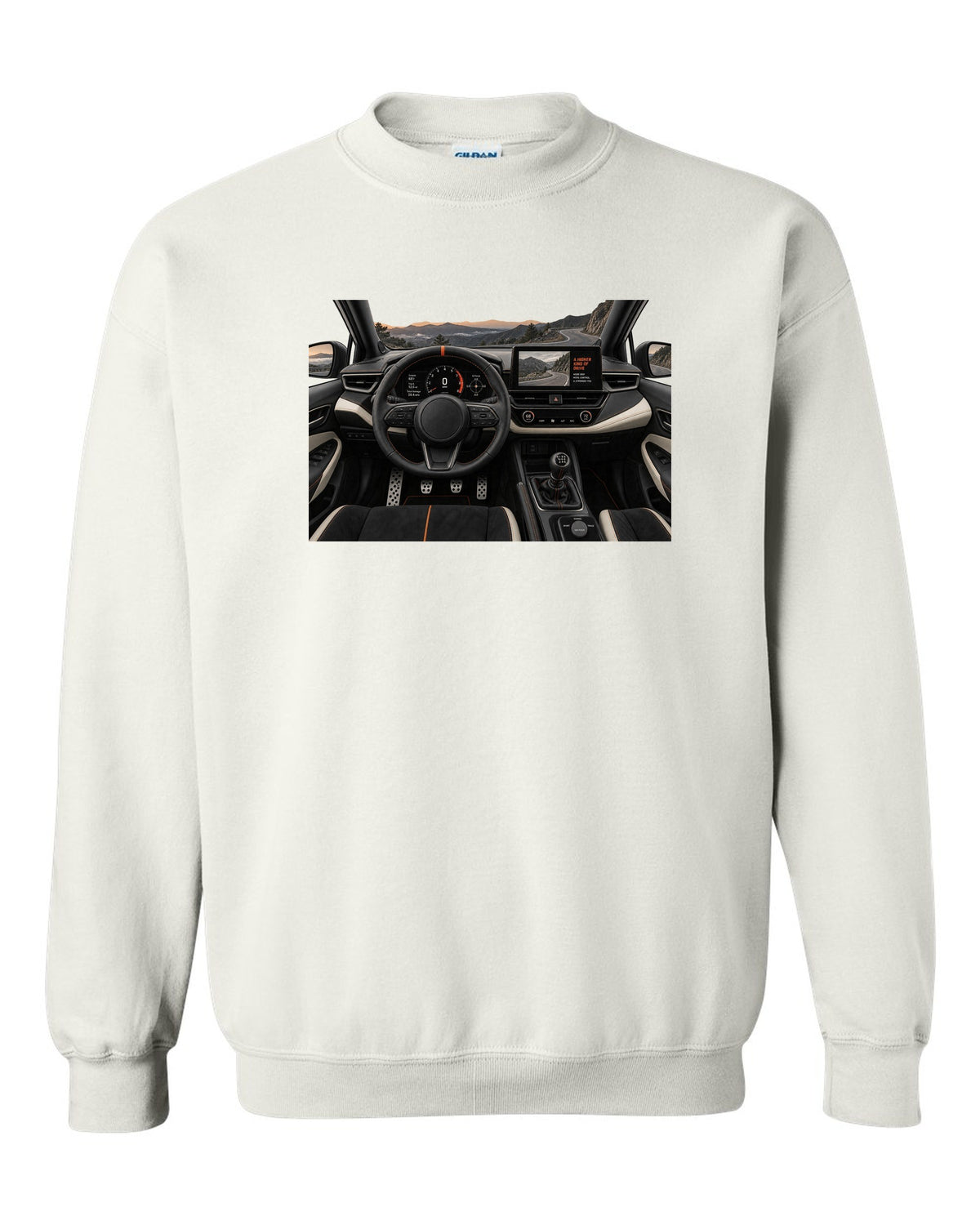 Toyota GR Corolla Morizo Edition at night on a touge-style road with spec text white crewneck front view with the design