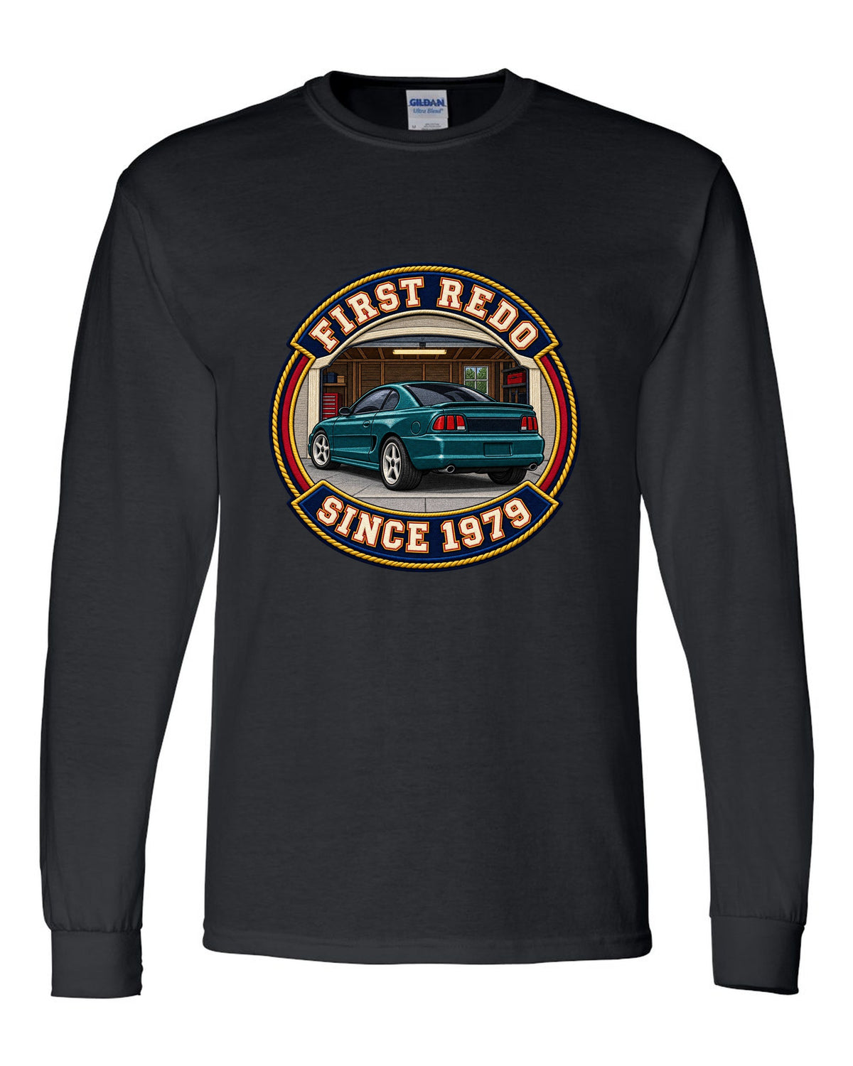 Embroidery-style varsity crest print for a 1994-98 Ford Mustang SN95 black long sleeve front view with the design