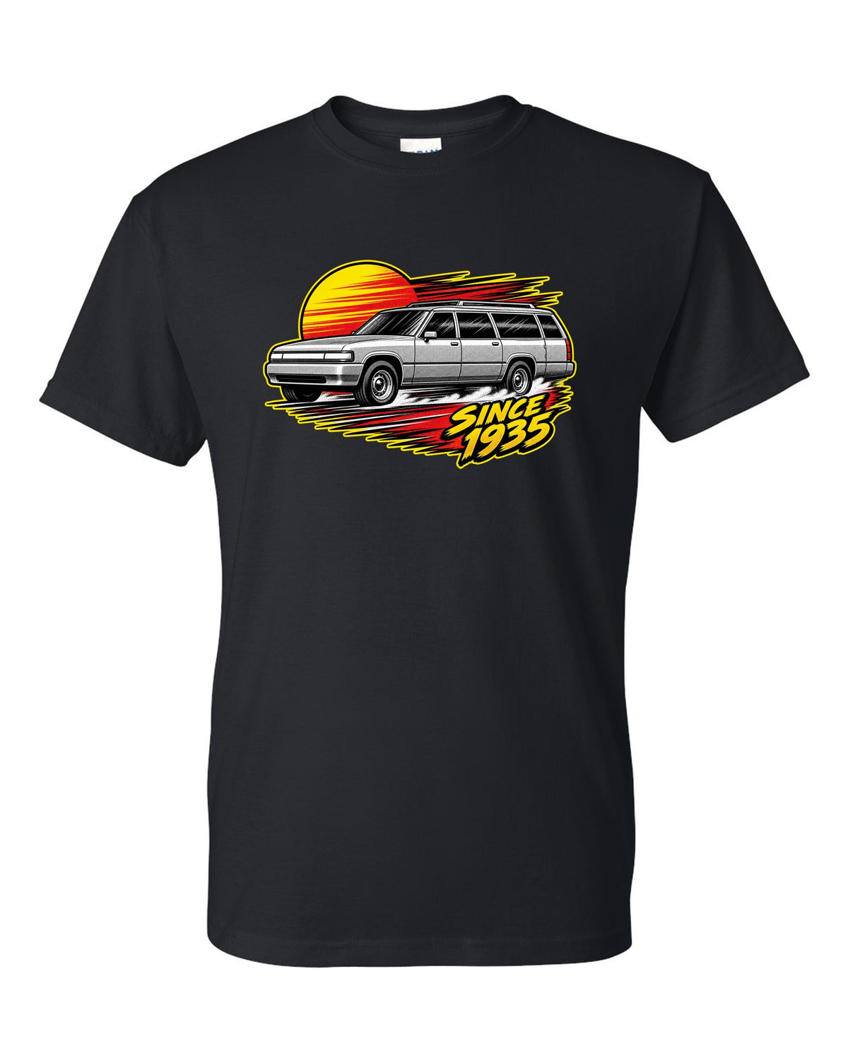 Retro manga halftone panel print of a 1992-1999 Chevrolet Suburban GMT400 with Since 1935 text black t-shirt front view with the design