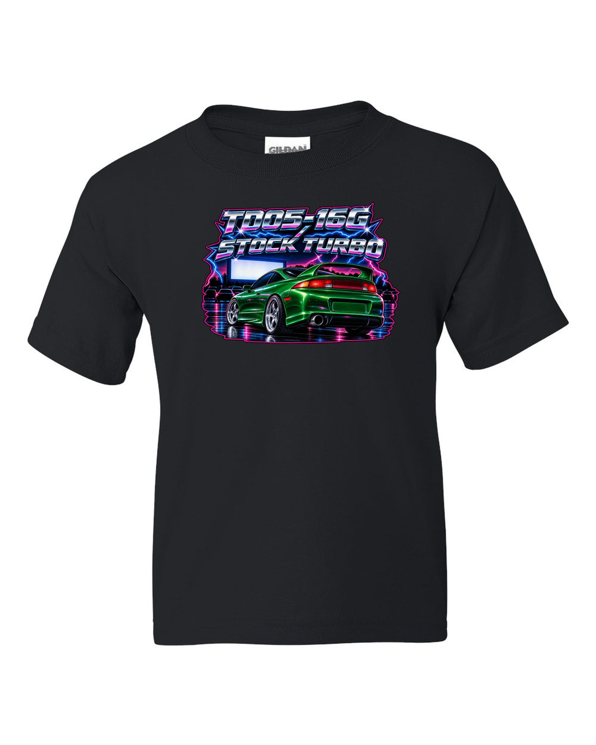 80s airbrush chrome print of a Mitsubishi Eclipse GSX 2G with TD05-16G stock turbo text black kids tee front view with the design