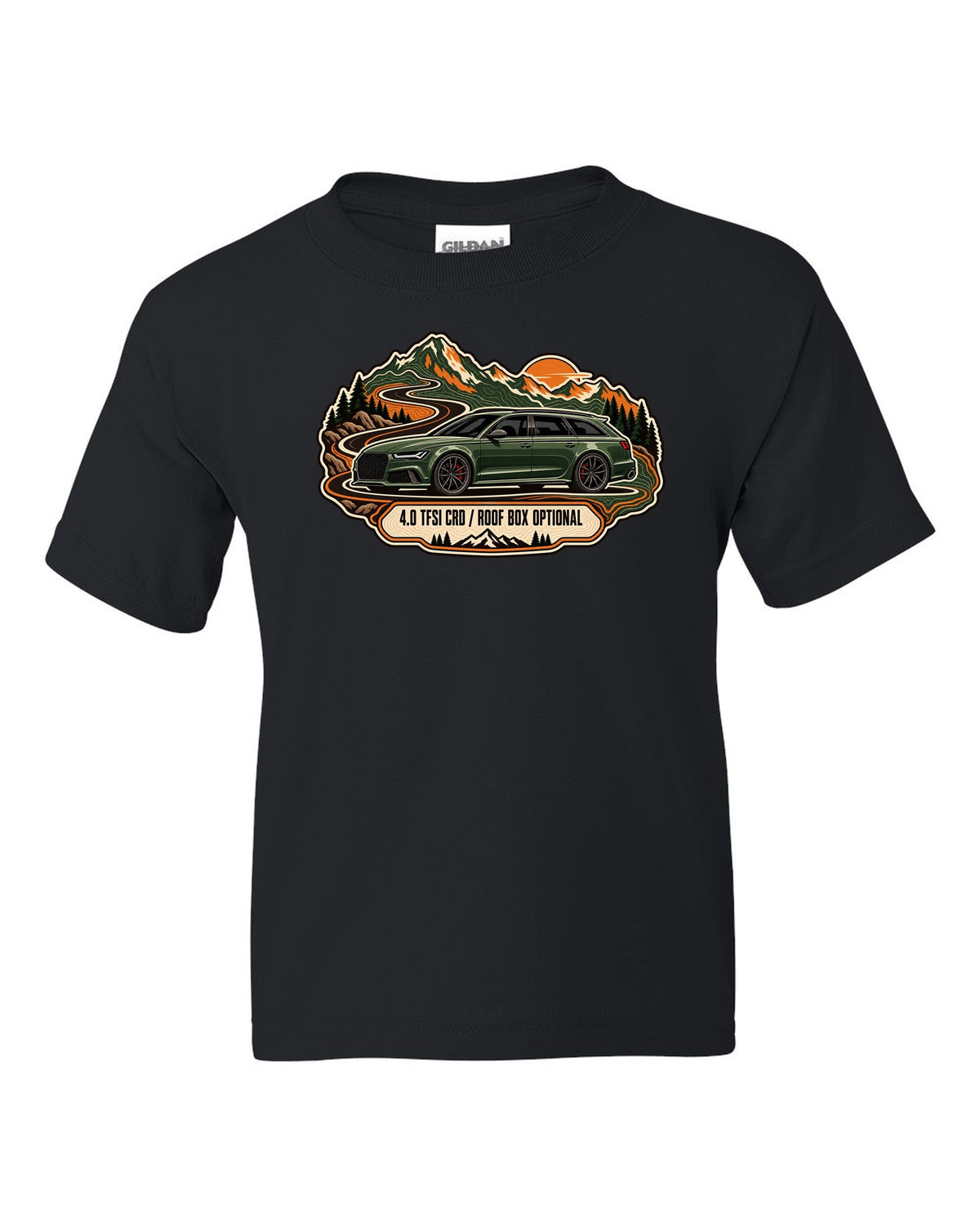 Topographic route map design of the Audi RS6 Avant C7 4G with 4.0 TFSI and roof box optional lettering black kids tee front view with the design