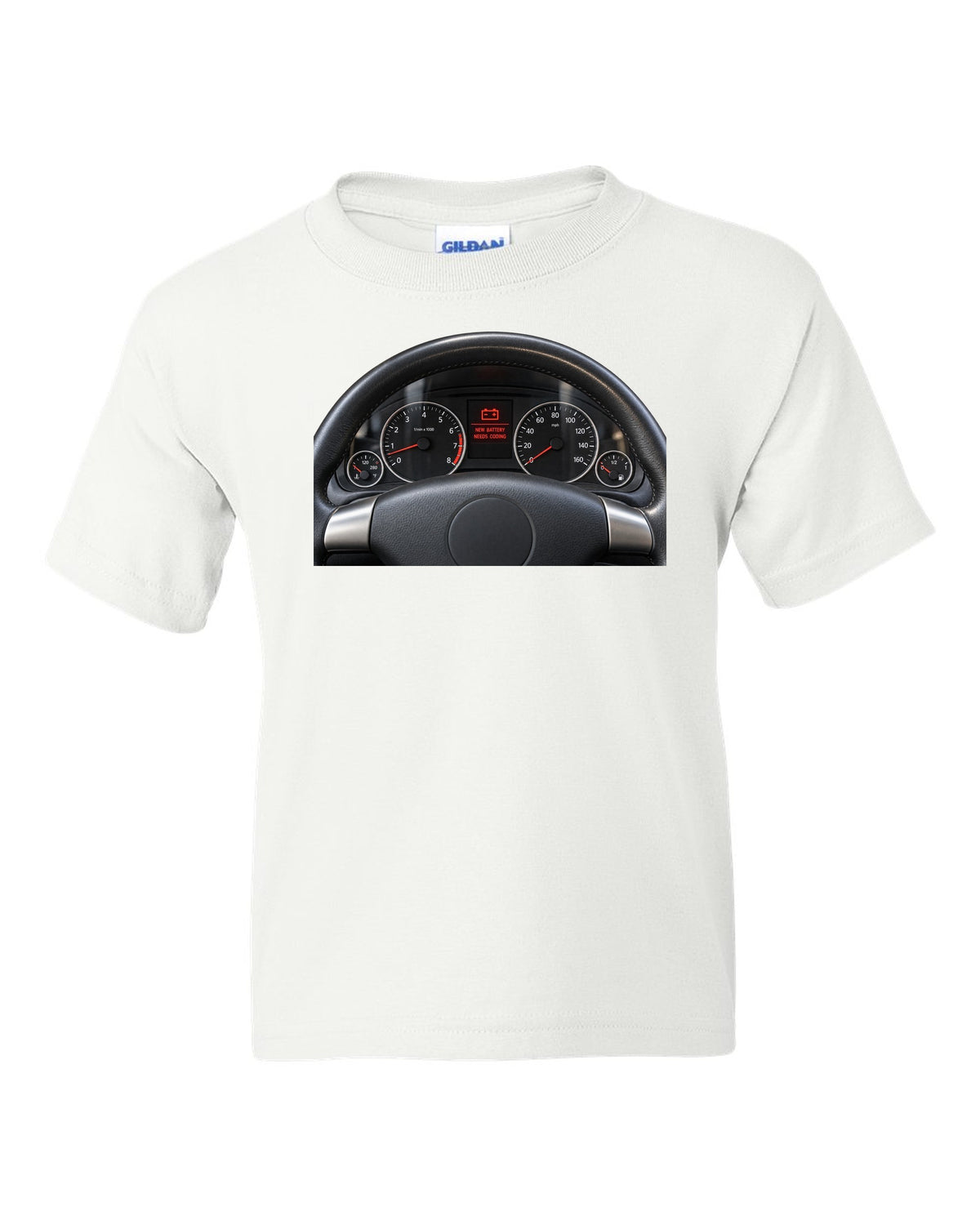 BMW E92 M3 cockpit gauge print with new battery needs coding text white kids tee front view with the design