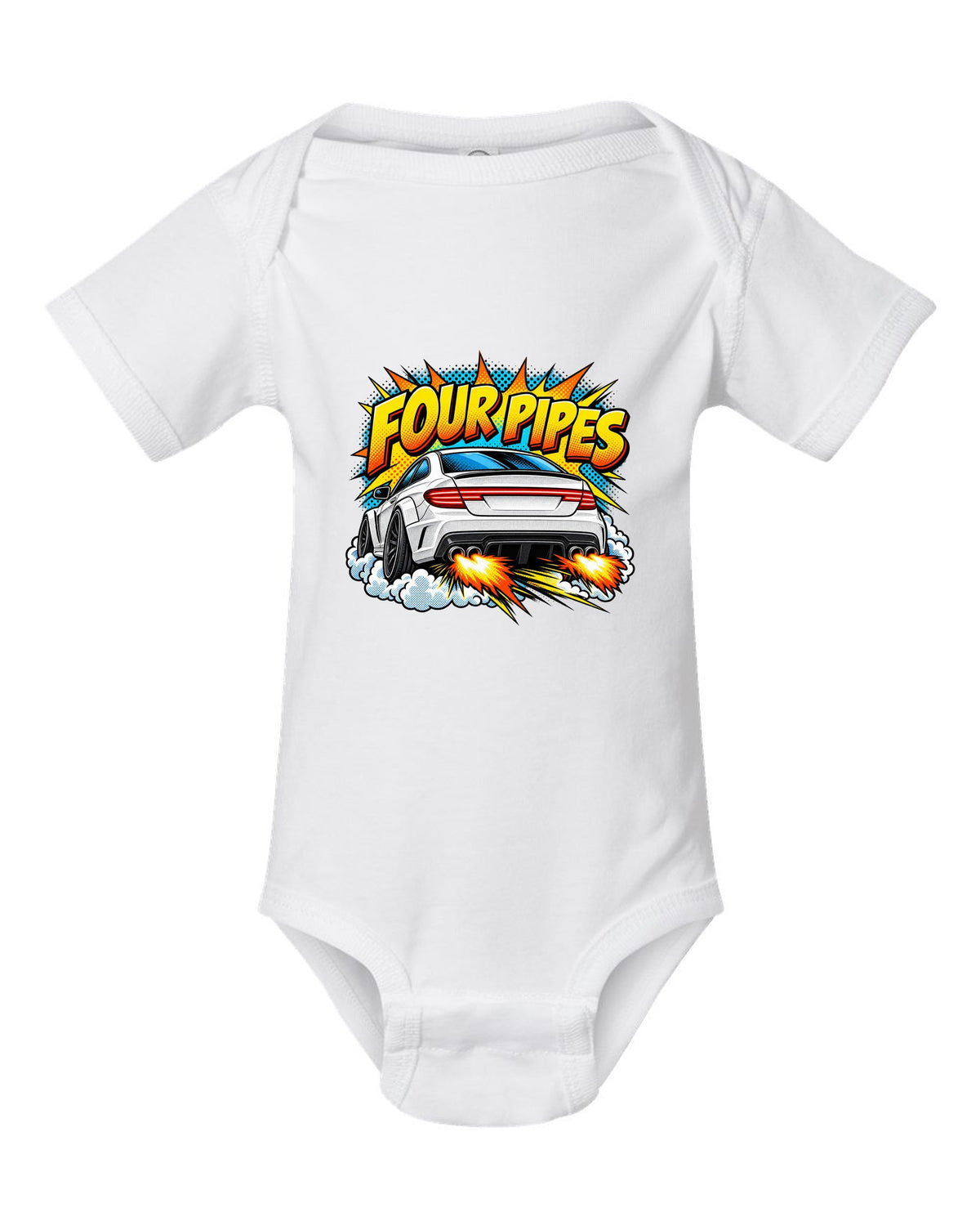 Comic halftone pop-art of the exhaust end of a Mercedes C63 Coupe C204 white baby onesie front view with the design