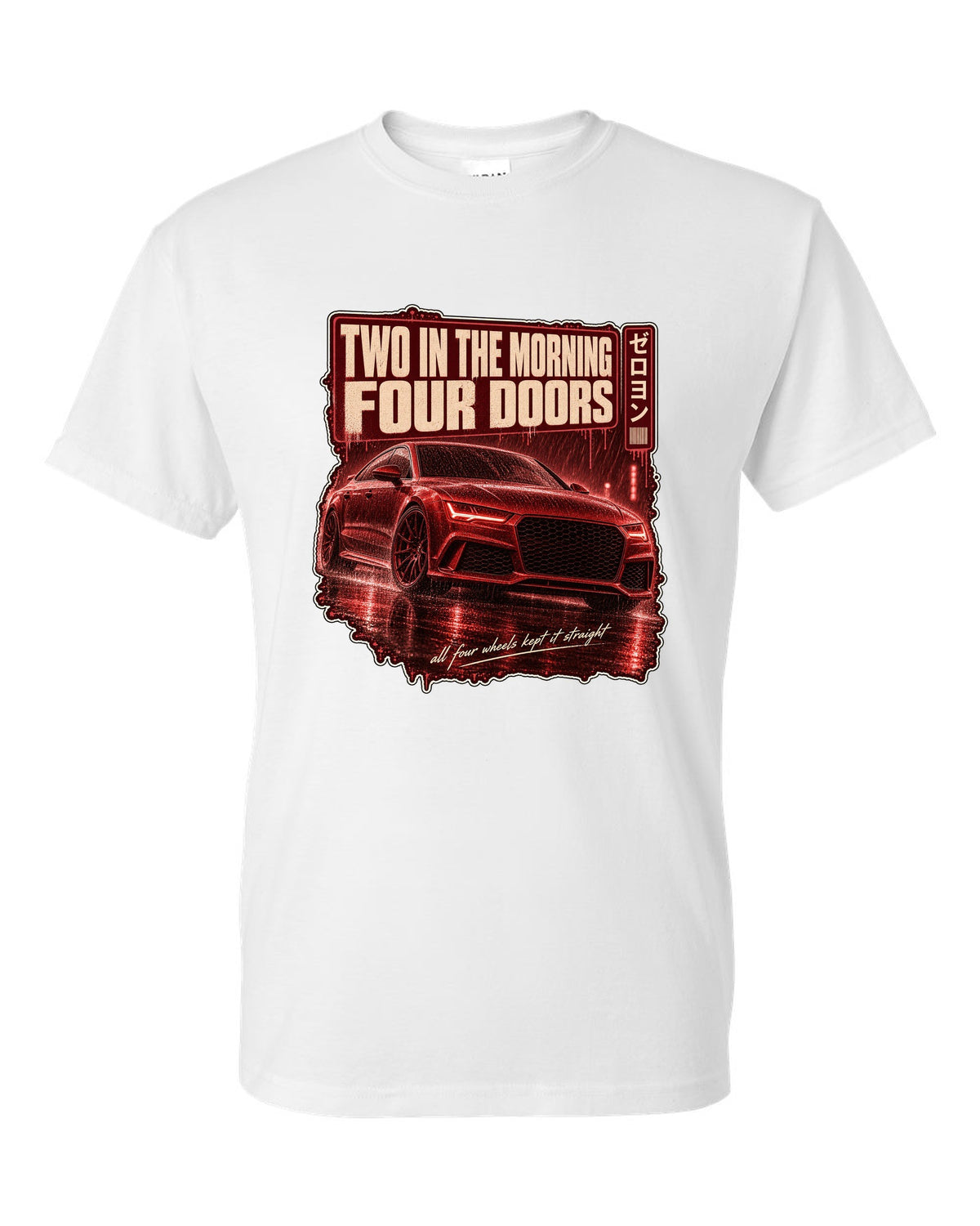 Audi RS7 Sportback C7 on a rainy night street print white t-shirt front view with the design