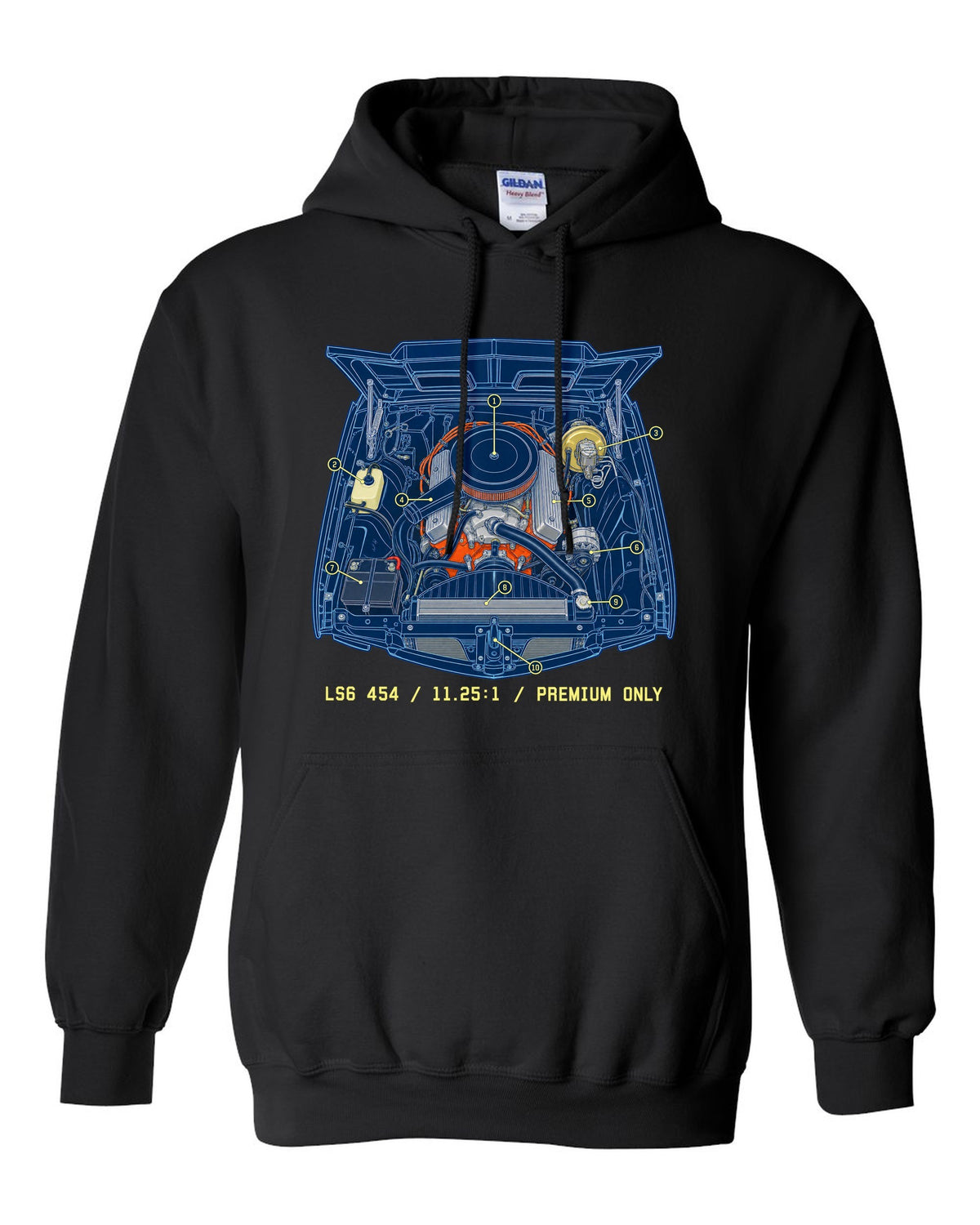 Blueprint line art print of a 1970 Chevelle SS 454 engine bay with the text LS6 454, 11.25:1, Premium Only black pull over hoodie front view with the design