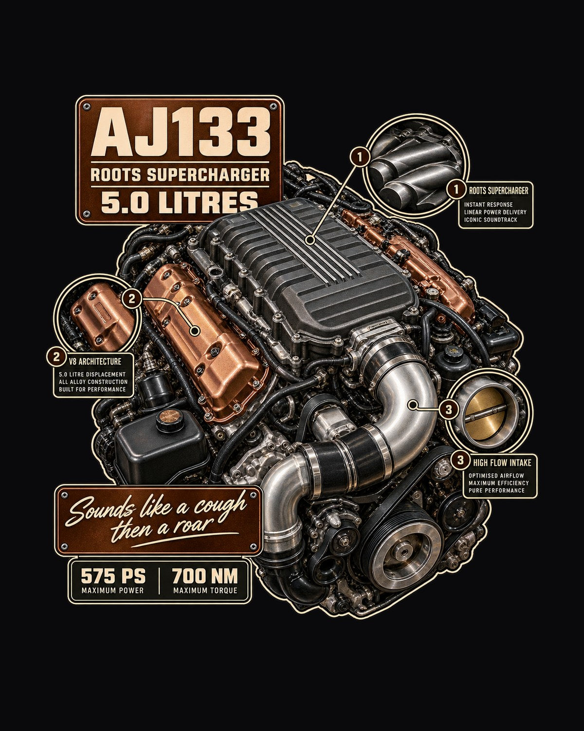 Jaguar F-Type R SVR AJ133 Engine Hero Shirt, 5.0 Litres design only