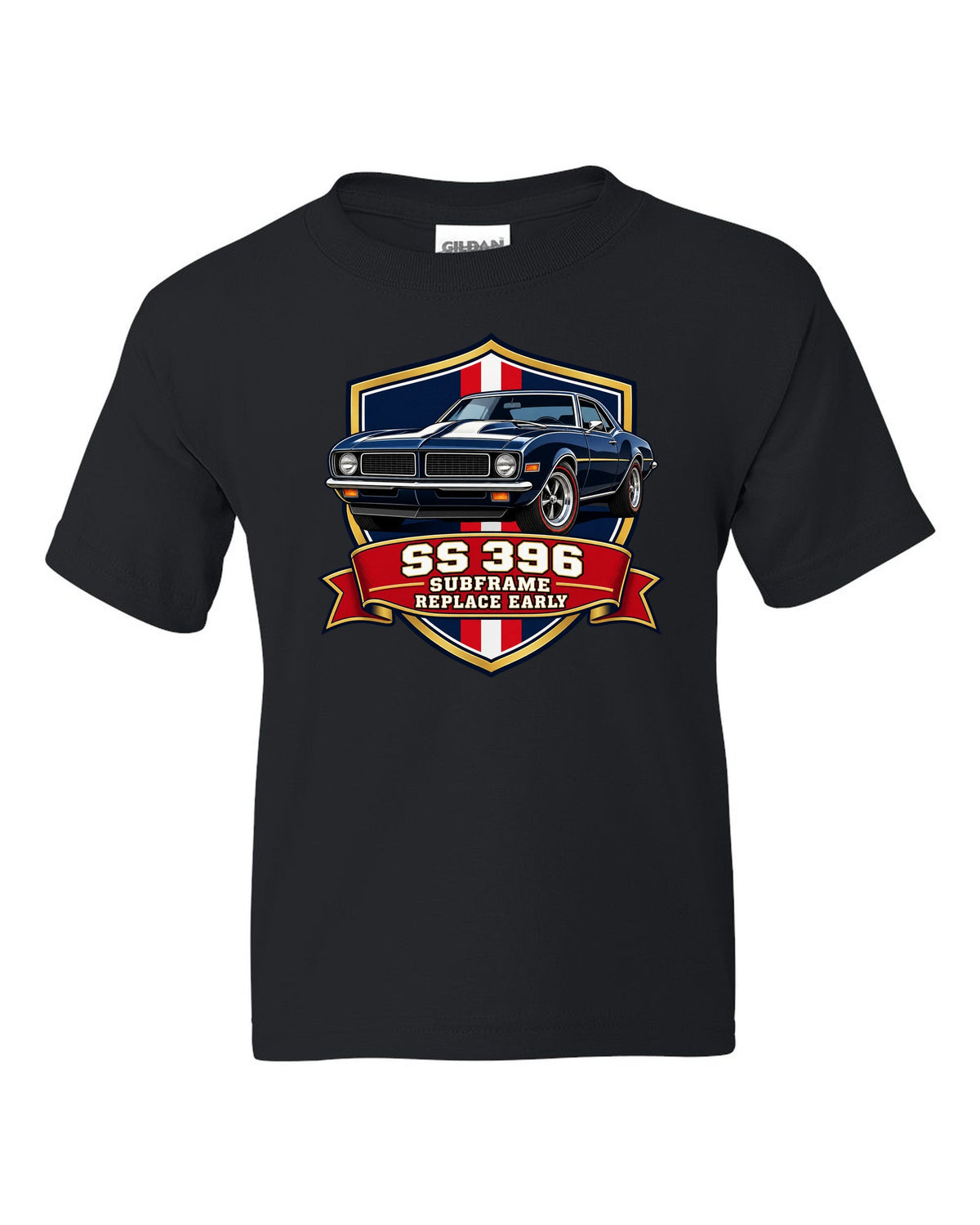 1968 Camaro SS 396 in a varsity shield design with text SS 396 Subframe Replace Early black kids tee front view with the design