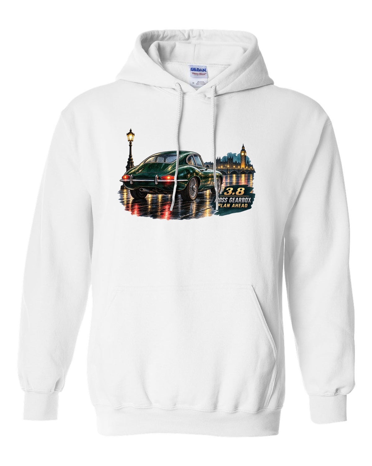 Watercolour print of 1964 Jaguar E-Type Series 1 taillights on a wet night road white pull over hoodie front view with the design