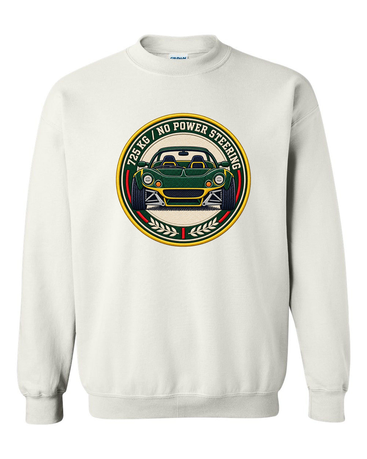 Lotus Elise S1 varsity crest design with 725 KG and no power steering lettering white crewneck front view with the design