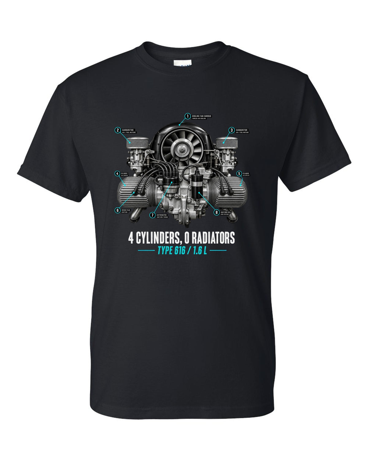Engine hero print of the Porsche 356 Type 616 1.6 L flat-four with the caption 4 cylinders 0 radiators black t-shirt front view with the design
