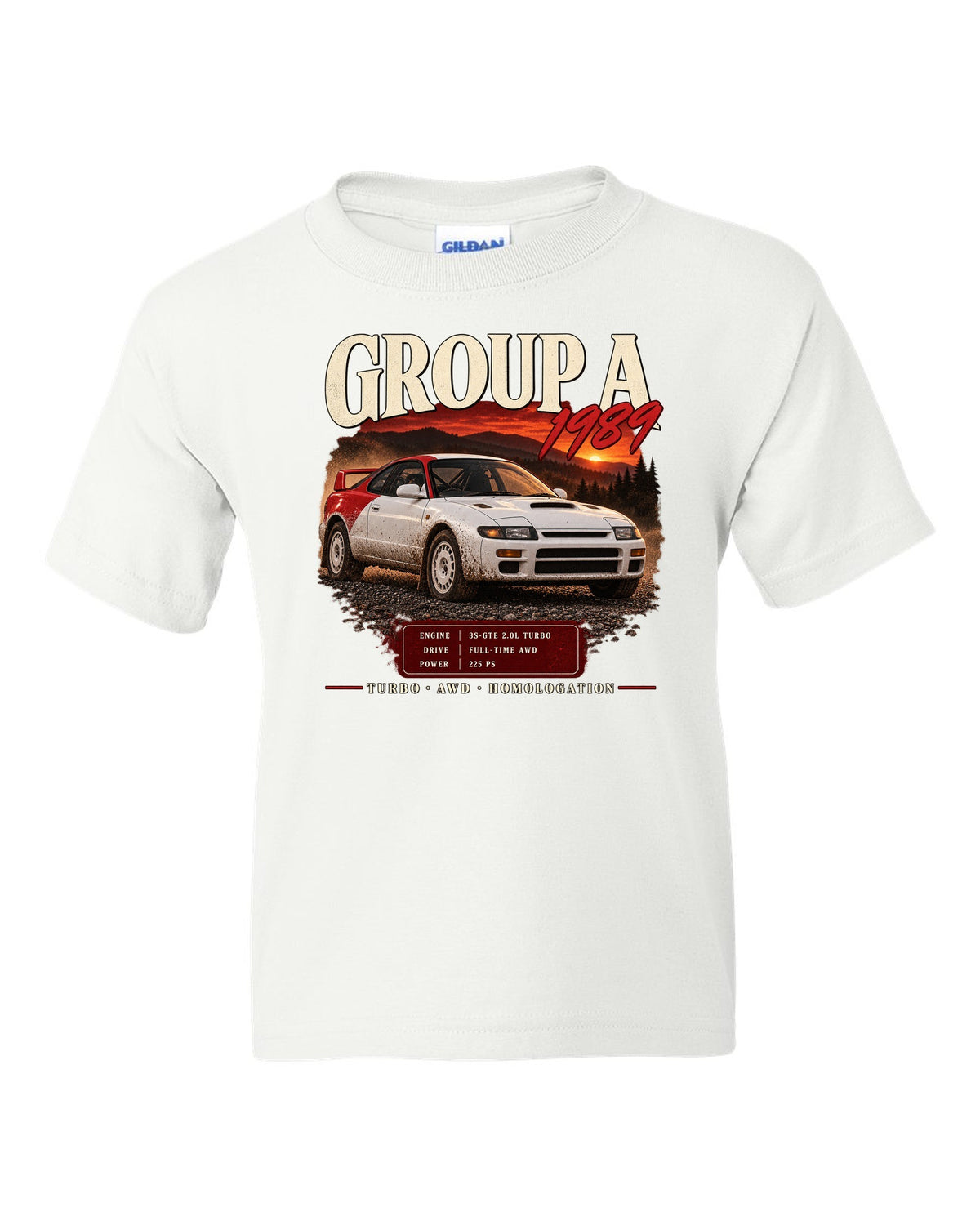 Archive panel print of a Toyota Celica GT-Four ST185 with Group A 1989 specs white kids tee front view with the design