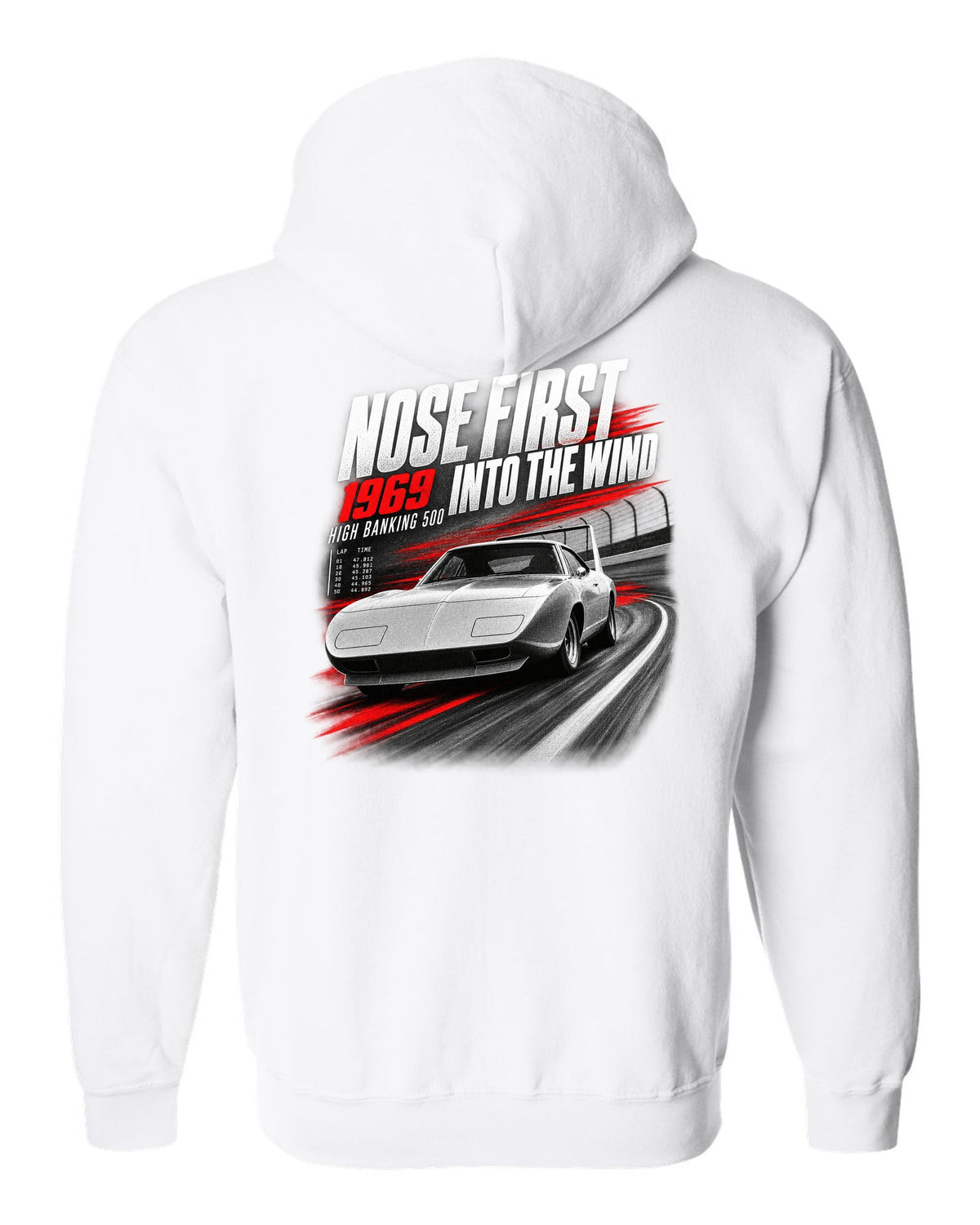 1969 Dodge Charger Daytona race poster print with nose first into the wind lettering white zip hoodie back view with the design