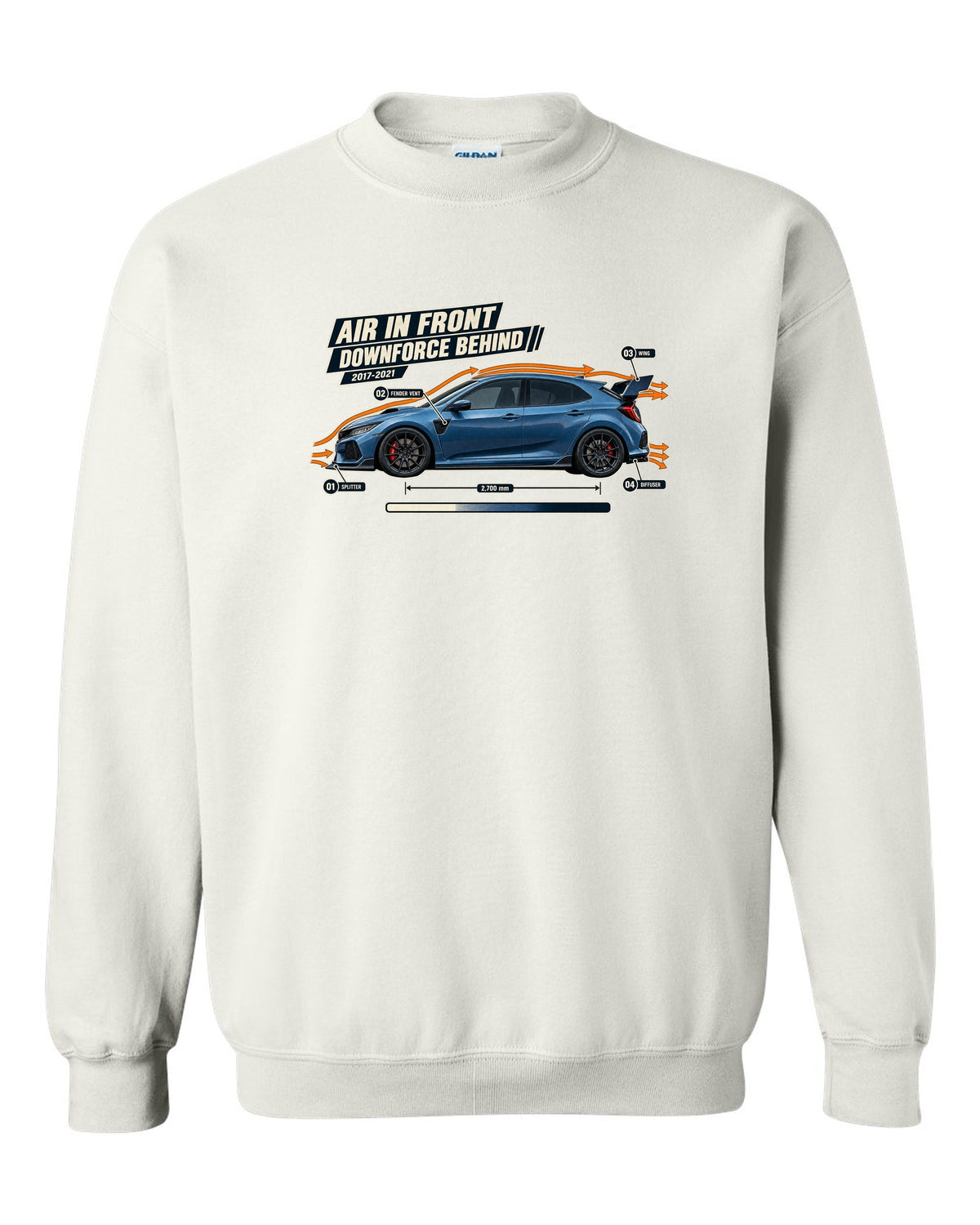 print aero callout drawing of a Boost Blue Honda Civic Type R FK8 white crewneck front view with the design