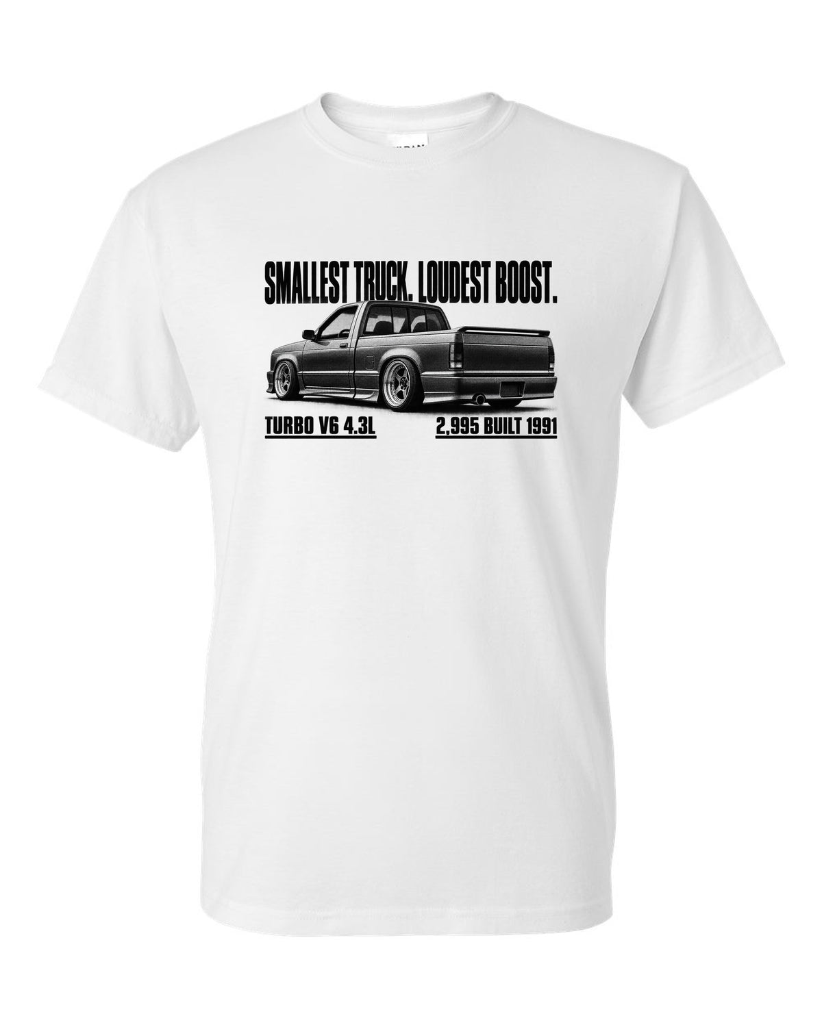 1991 GMC Syclone halftone profile with boost headline, print white t-shirt front view with the design