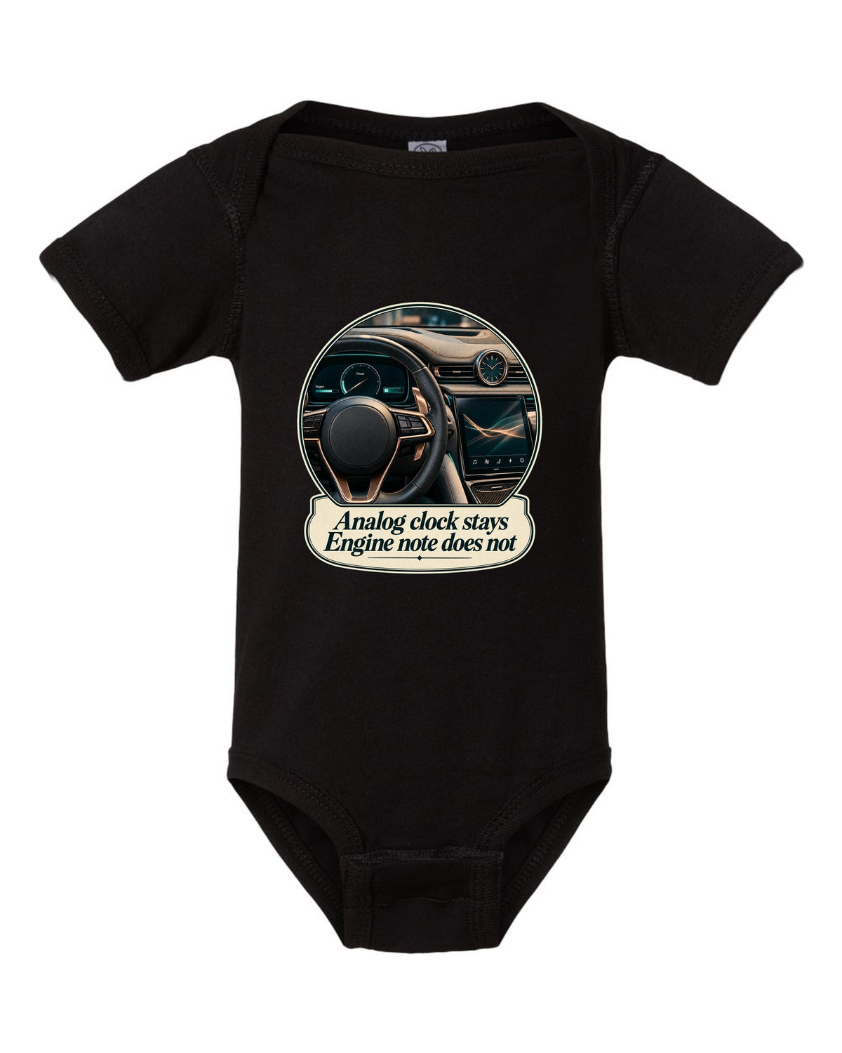 Maserati GranTurismo Folgore cockpit with analog clock, print black baby onesie front view with the design
