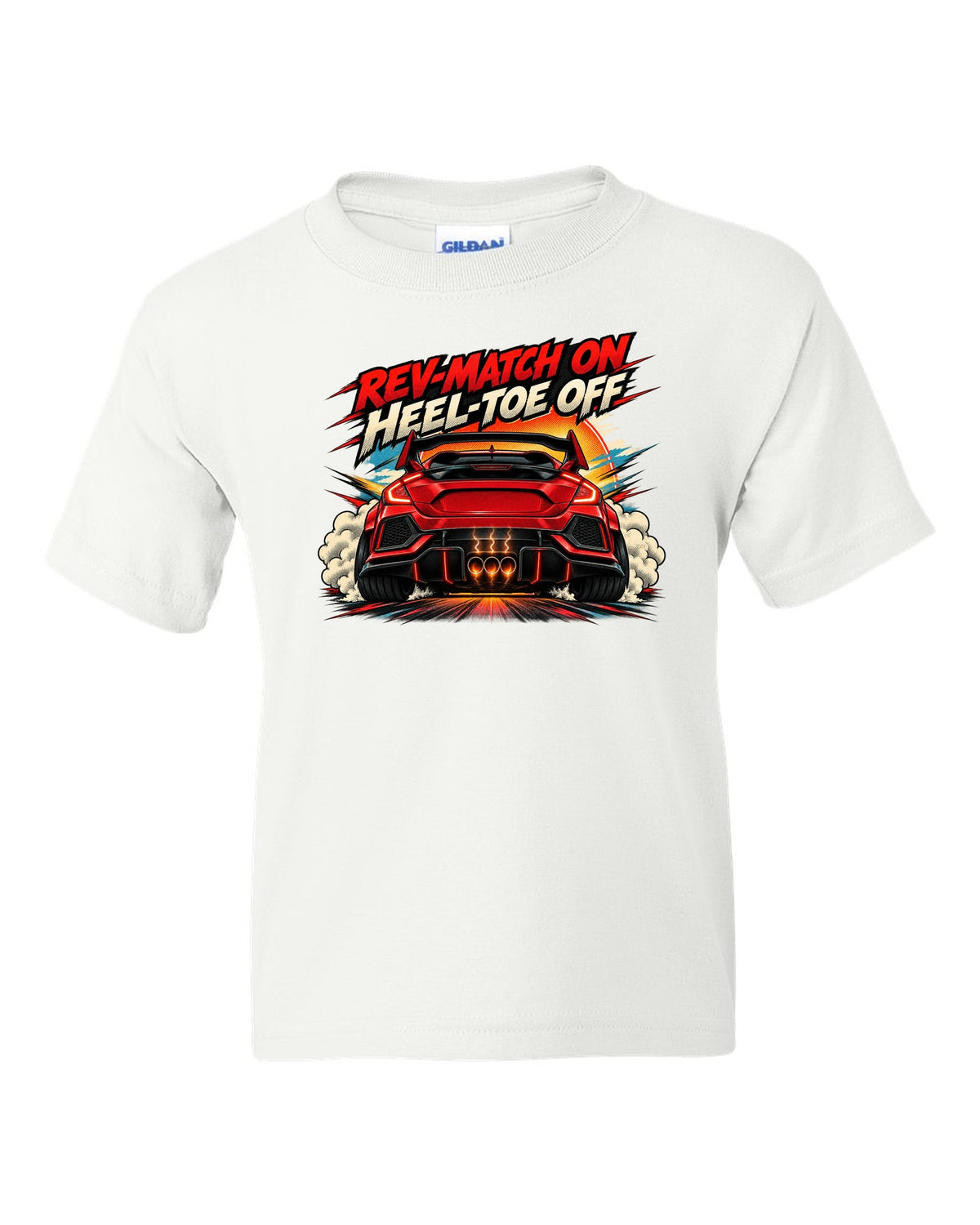 Halftone comic style Honda Civic Type R FK8 print with rev-match joke white kids tee front view with the design