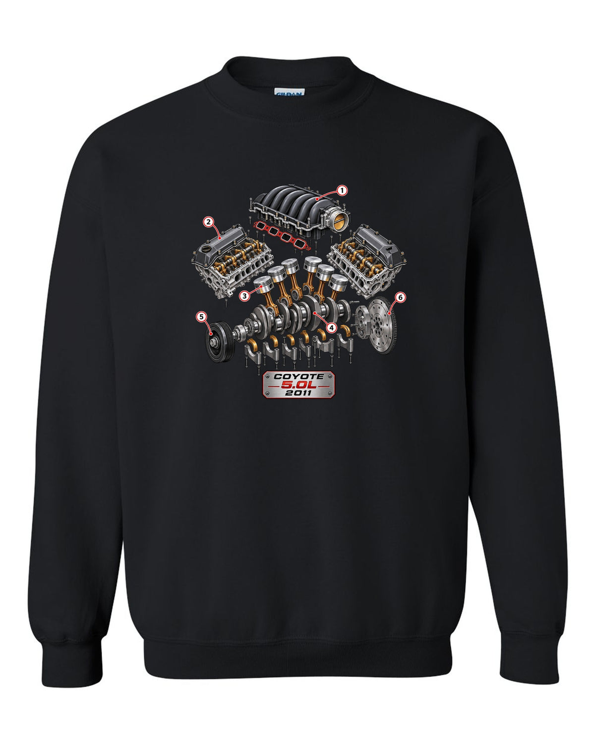 Isometric exploded cutaway of a Ford Coyote 5.0L engine for the S197 Mustang black crewneck front view with the design