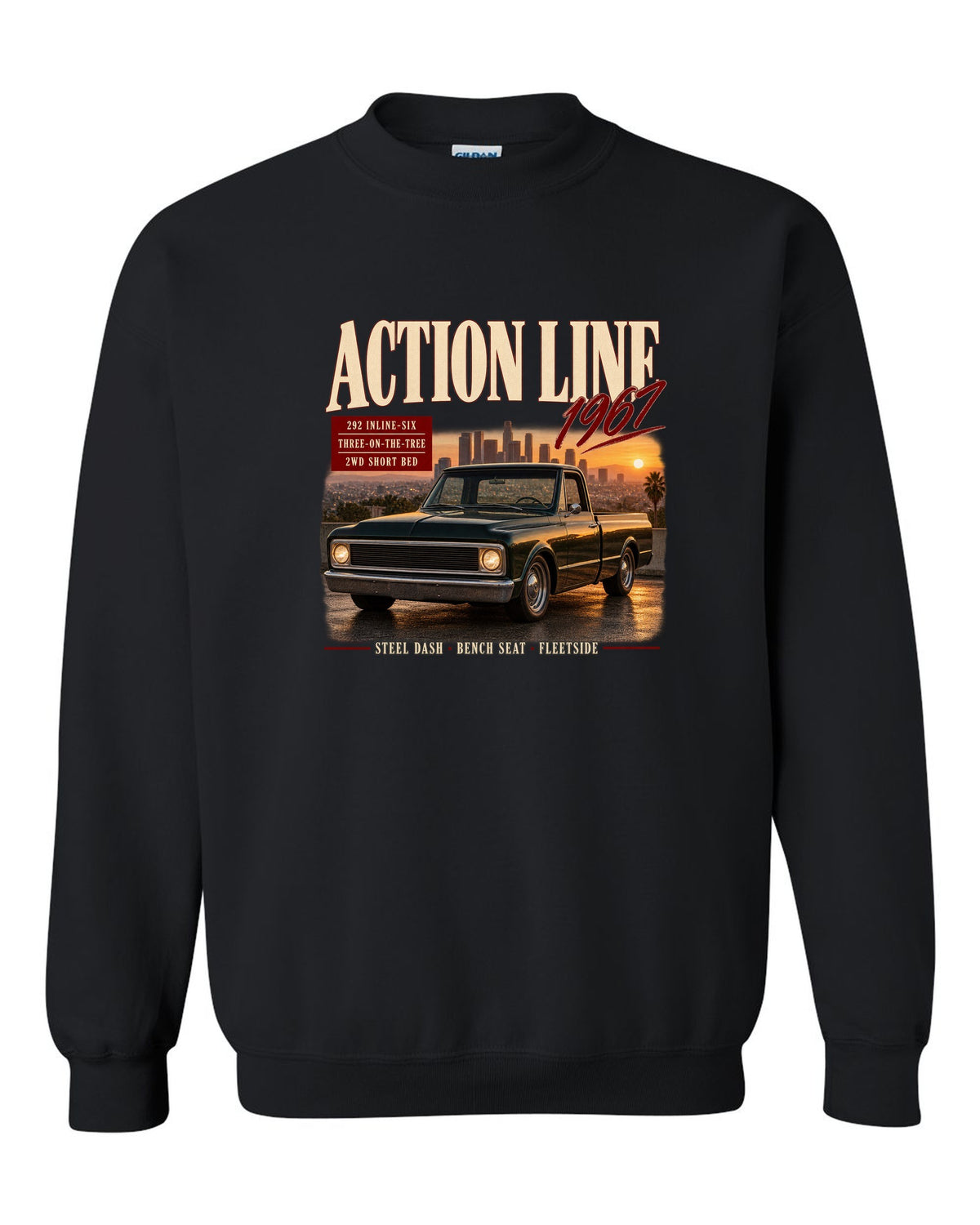 Archive panel print of a 1967 Chevrolet C10 Action Line Fleetside with 292 inline-six text black crewneck front view with the design