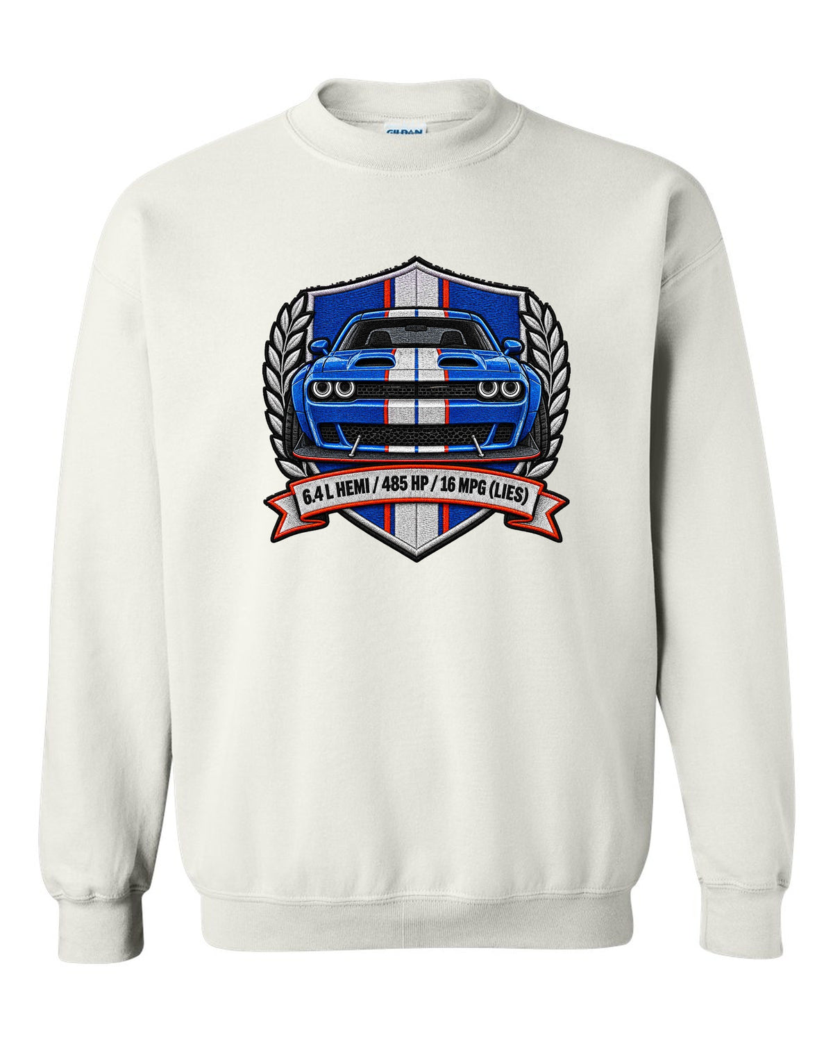 Embroidered shield patch design for a 2015 Dodge Challenger Scat Pack 392 Widebody with 6.4 L HEMI specs white crewneck front view with the design