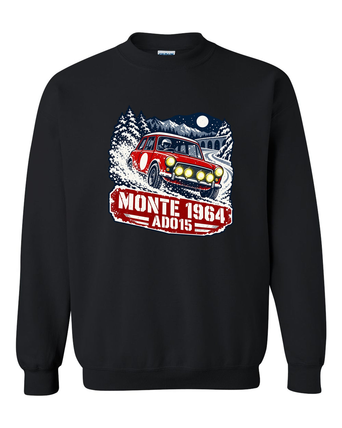 Stencil rally poster print of a Classic Mini Cooper S ADO15 on a night stage for Monte 1964 black crewneck front view with the design