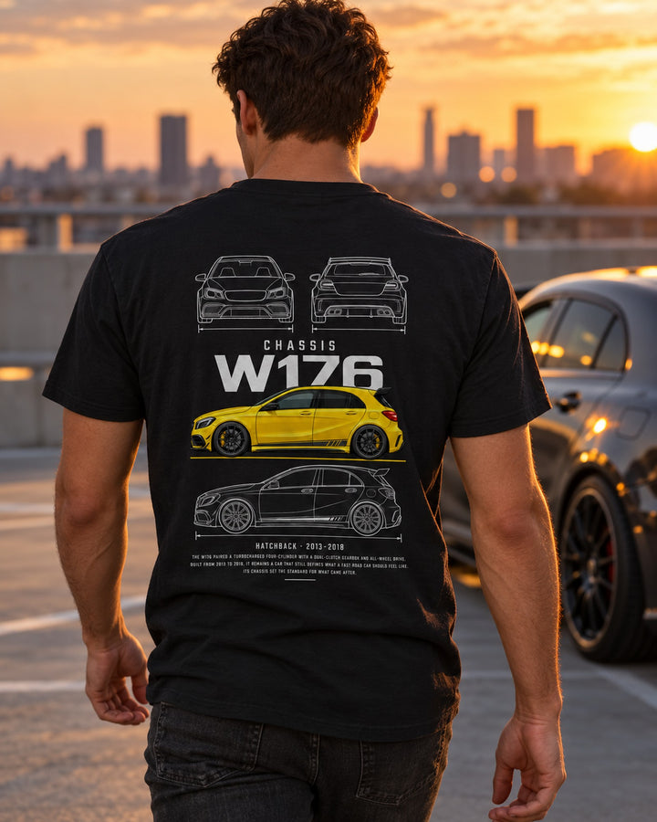 Mercedes A45 AMG hatchback Blueprint Full-Back Graphic Tee, W176 Chassis Code T-Shirt Black worn hero