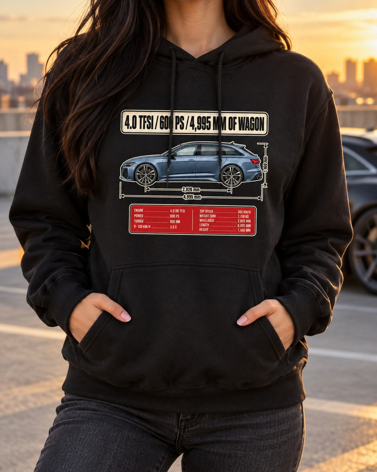 Audi RS6 Avant C8 Blueprint Profile Shirt, 4.0 TFSI Pull Over Hoodie Black worn hero