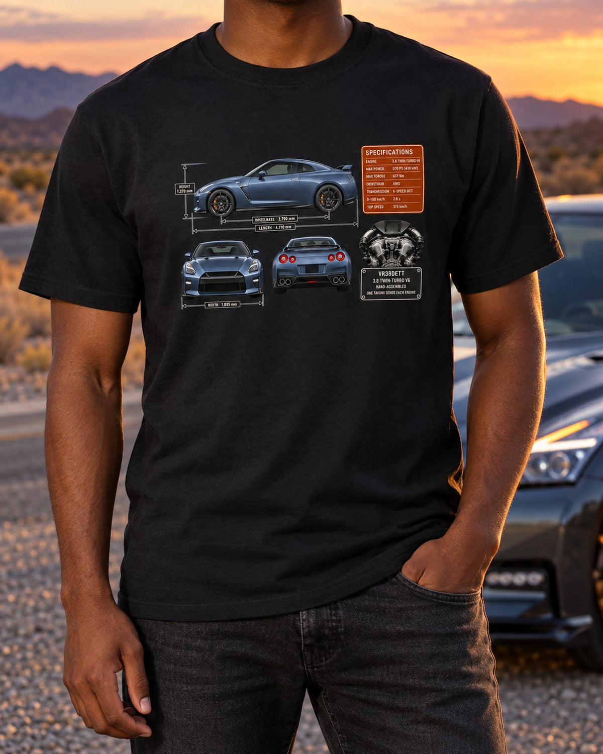 Nissan GT-R R35 Dimension Blueprint Tee, VR38DETT Car Shirt T-Shirt Black worn hero