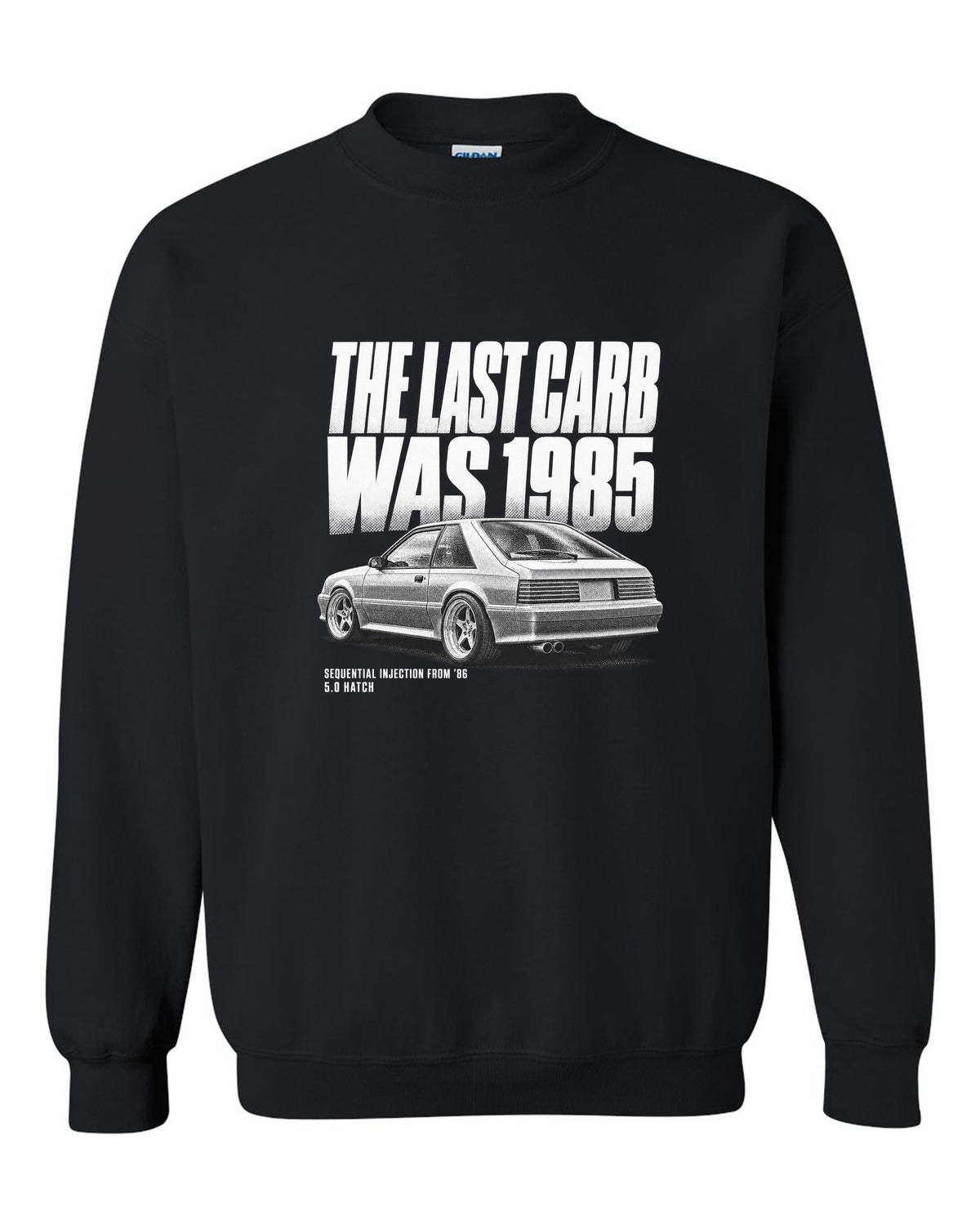 Halftone print of a 1986-89 Ford Mustang Fox Body GT chback black crewneck front view with the design
