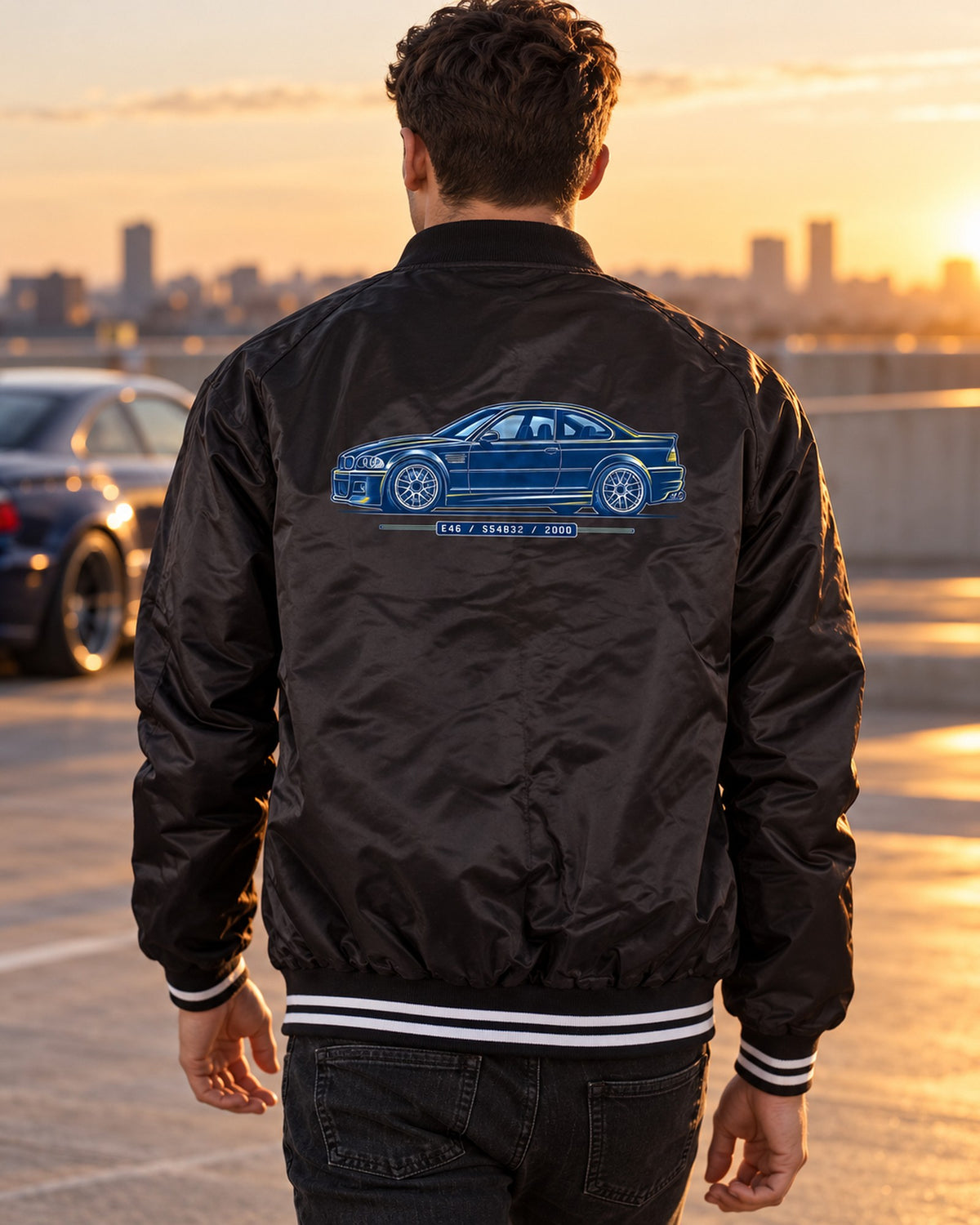 BMW E46 M3 S54 Cyanotype Blueprint Shirt, Car Guy Gift Bomber Jacket Black worn hero