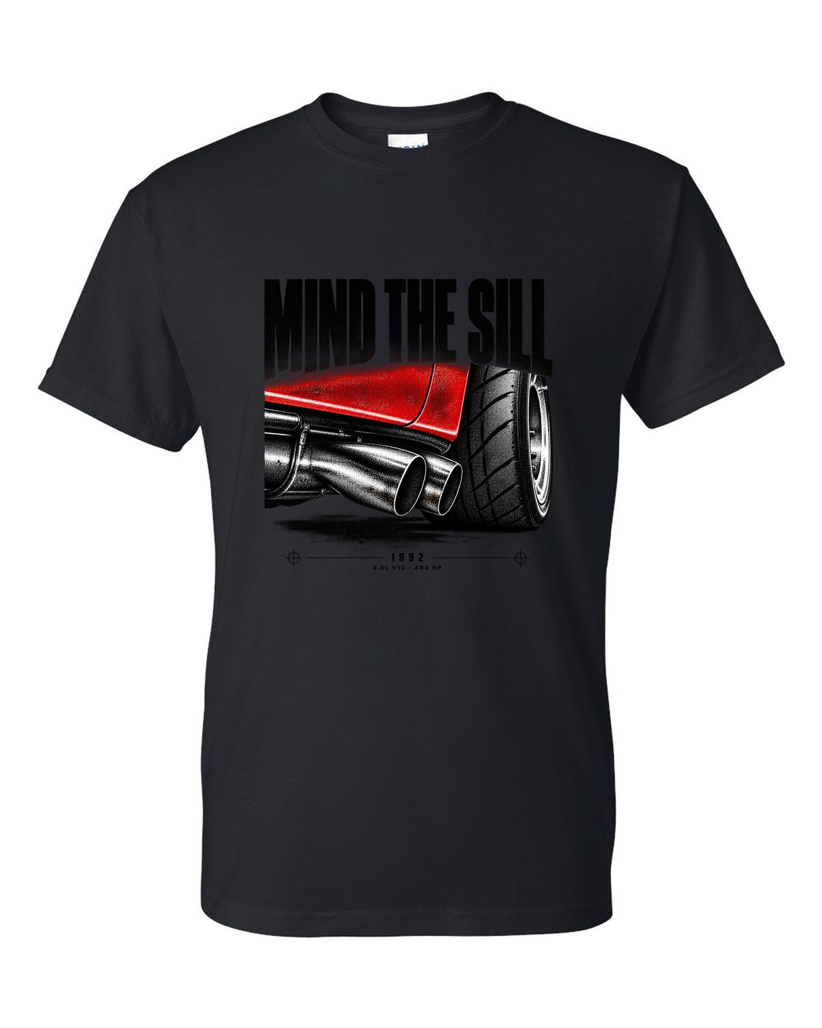 1992 Dodge Viper RT/10 SR I taillight macro print with Mind the Sill lettering black t-shirt front view with the design