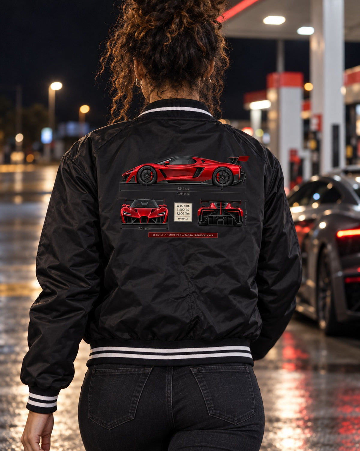 Bugatti Divo 2019 Three-View Spec Table Tee, 40 Built Bomber Jacket Black worn hero