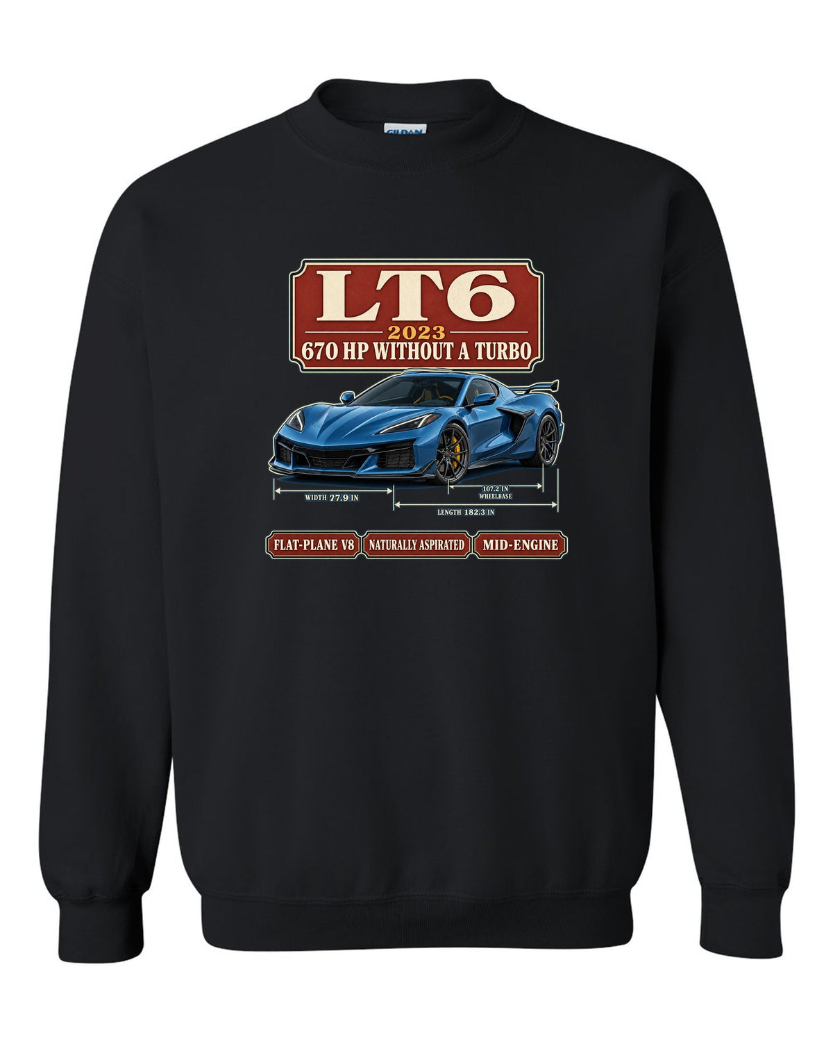 print of a Chevrolet Corvette C8 Z06 in an archive panel layout with LT6 and 670 HP text black crewneck front view with the design