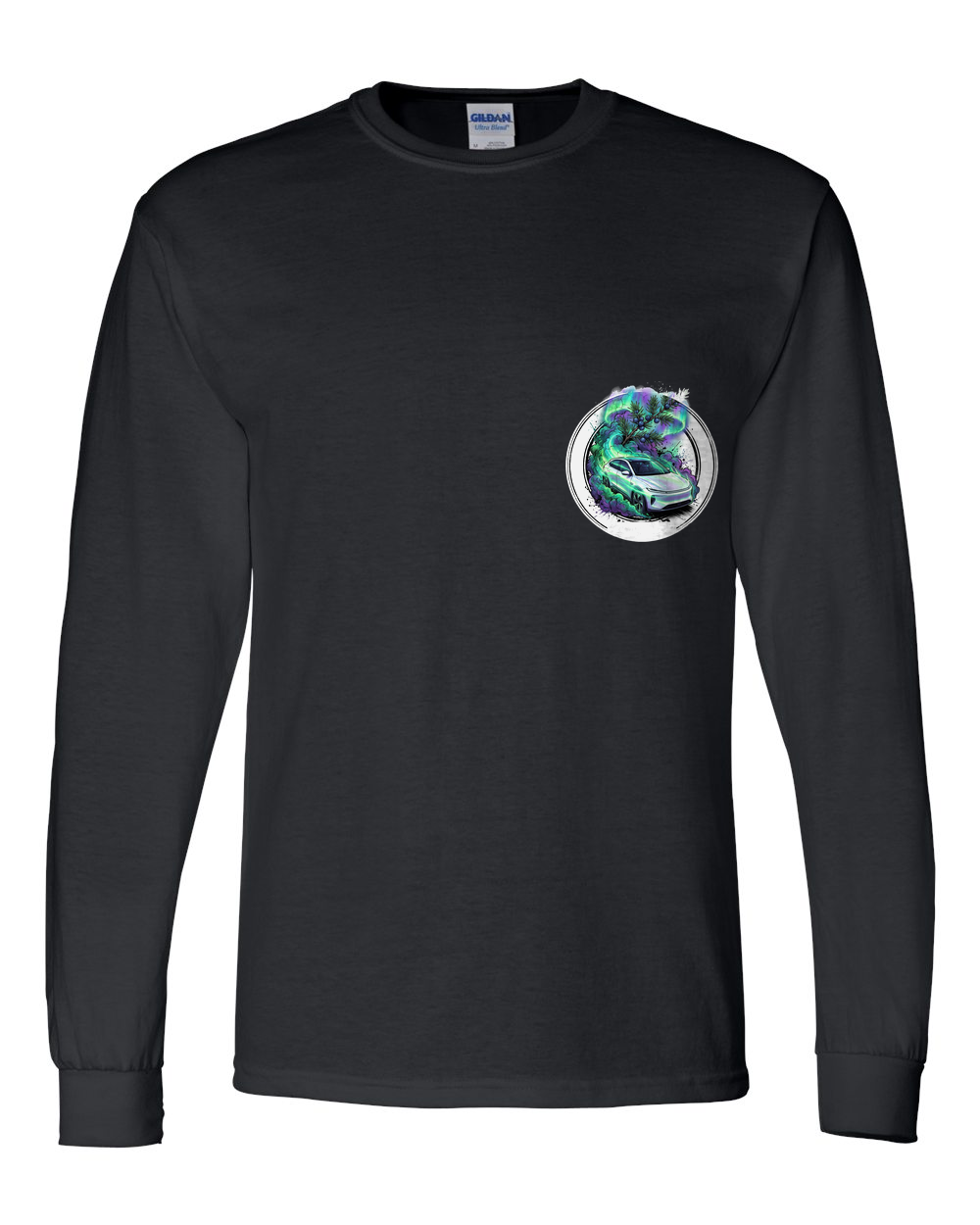 Tesla Model Y Juniper Long Sleeve T-Shirt — Black front emblem