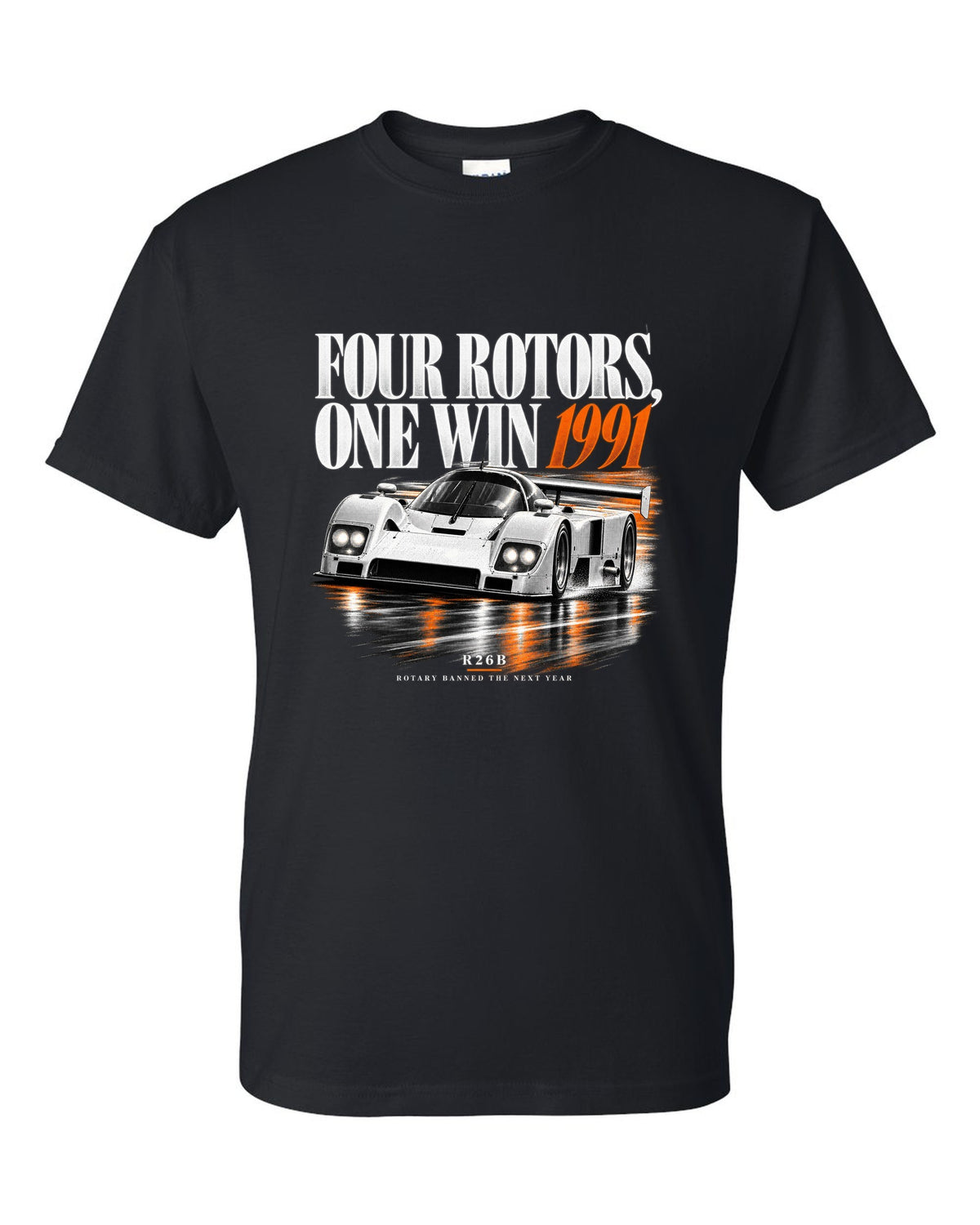 Mazda 787B four rotors editorial headline print, 1991 R26B black t-shirt front view with the design