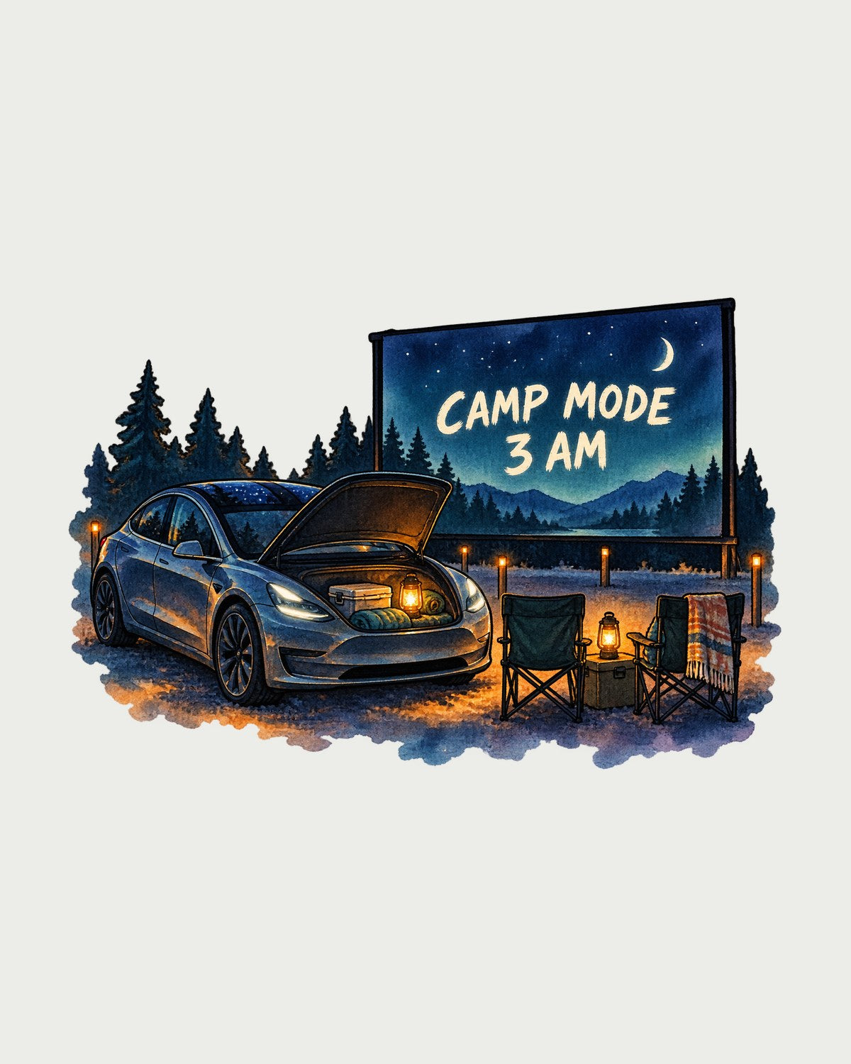 Tesla Model 3 Camp Mode Watercolor Shirt, EV Owner Gift design only