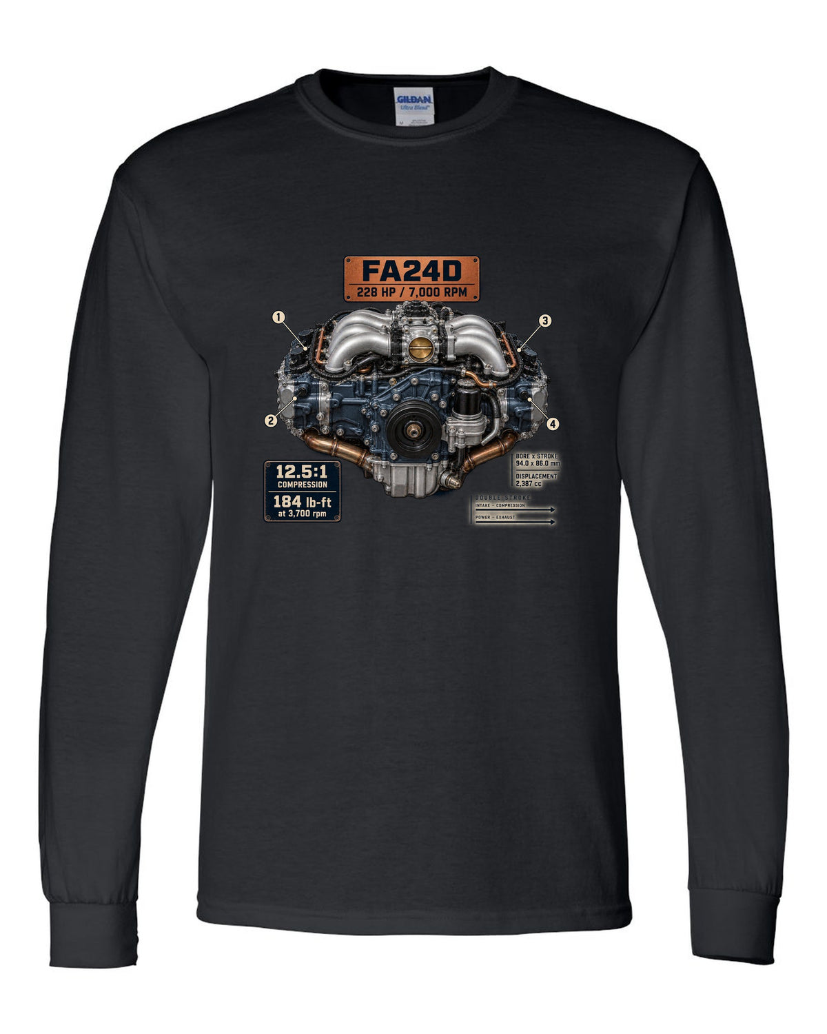 Poster-style engine print of the FA24D flat-four from the Subaru BRZ ZD8 and Toyota GR86 ZN8 black long sleeve front view with the design