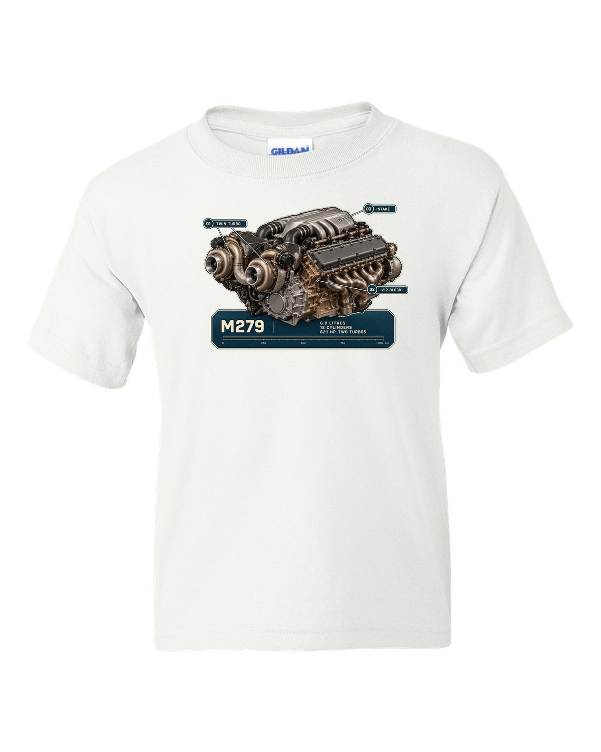 Mercedes-Maybach S680 M279 6.0 litre V12 biturbo engine hero print white kids tee front view with the design