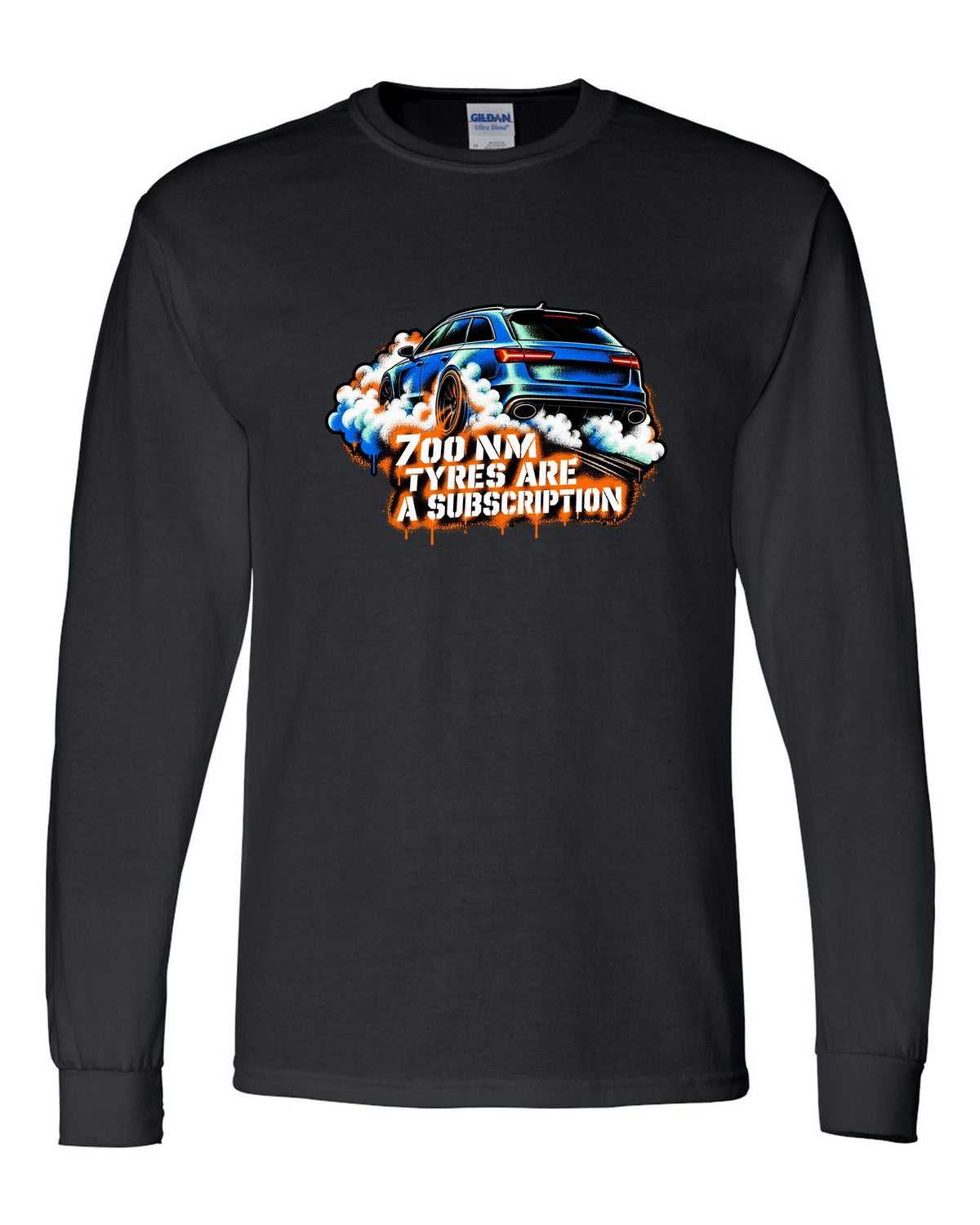 Stencil spray street art design of the Audi RS6 Avant C7 4G with 700 Nm and tyres are a subscription lettering black long sleeve front view with the design