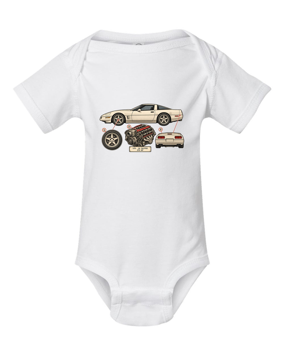 Neon HUD wireframe print of a 1997 Chevrolet Corvette C5 coupe with LT5 32 valves 375 HP lettering white baby onesie front view with the design