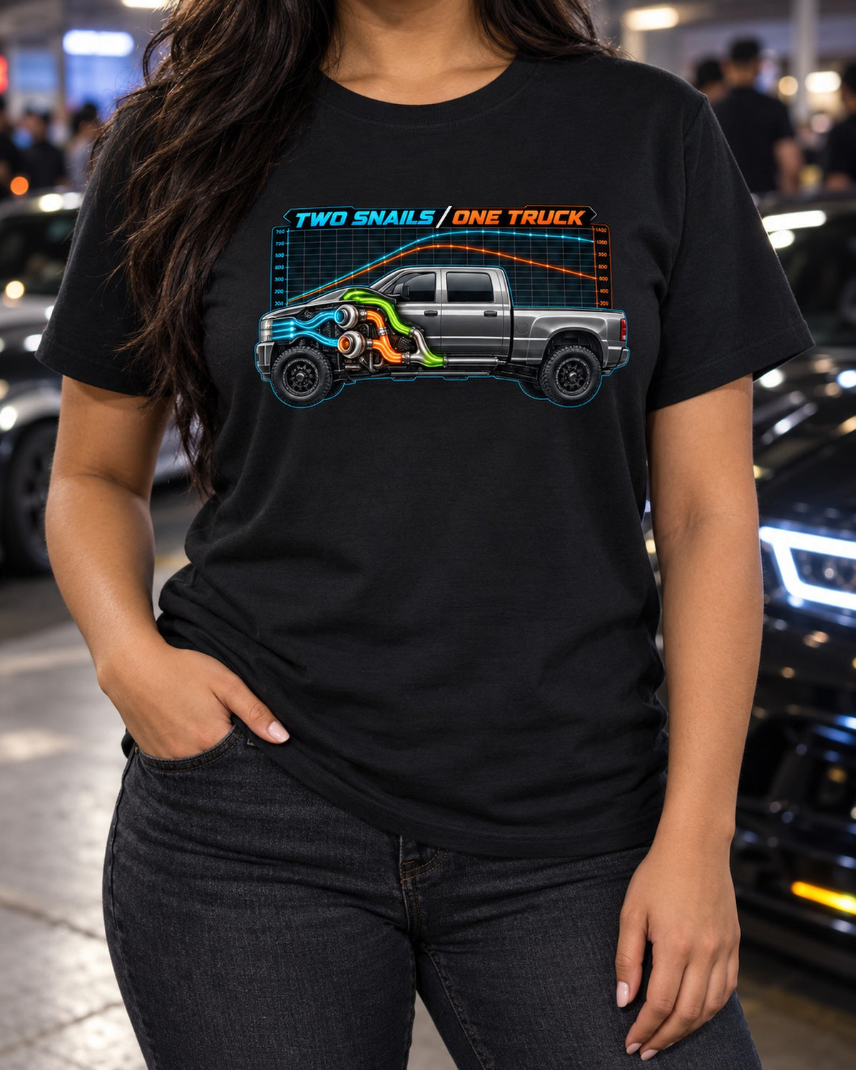 Compound Turbo Airflow Dyno Chart Tee, Dodge Ram 2500 Cummins T-Shirt Black worn hero