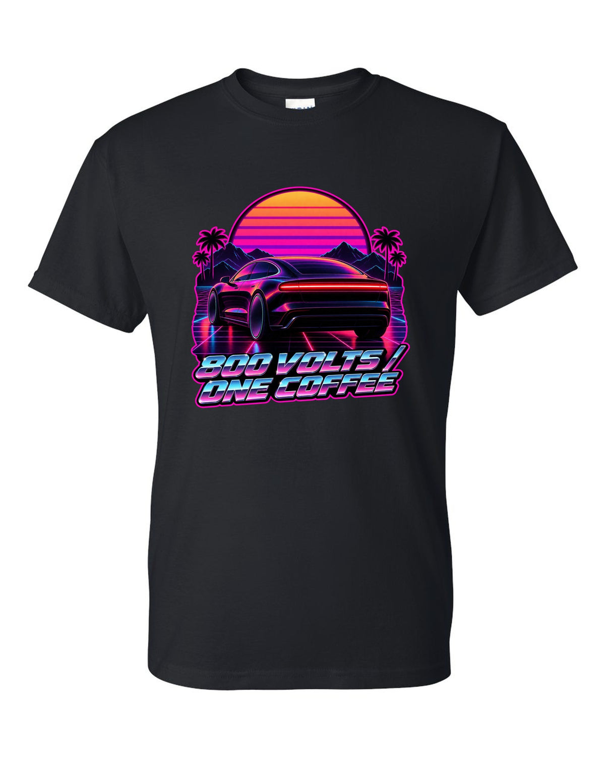 Porsche Taycan Turbo S 9J1 synthwave outrun light bar print with the text 800 volts one coffee black t-shirt front view with the design