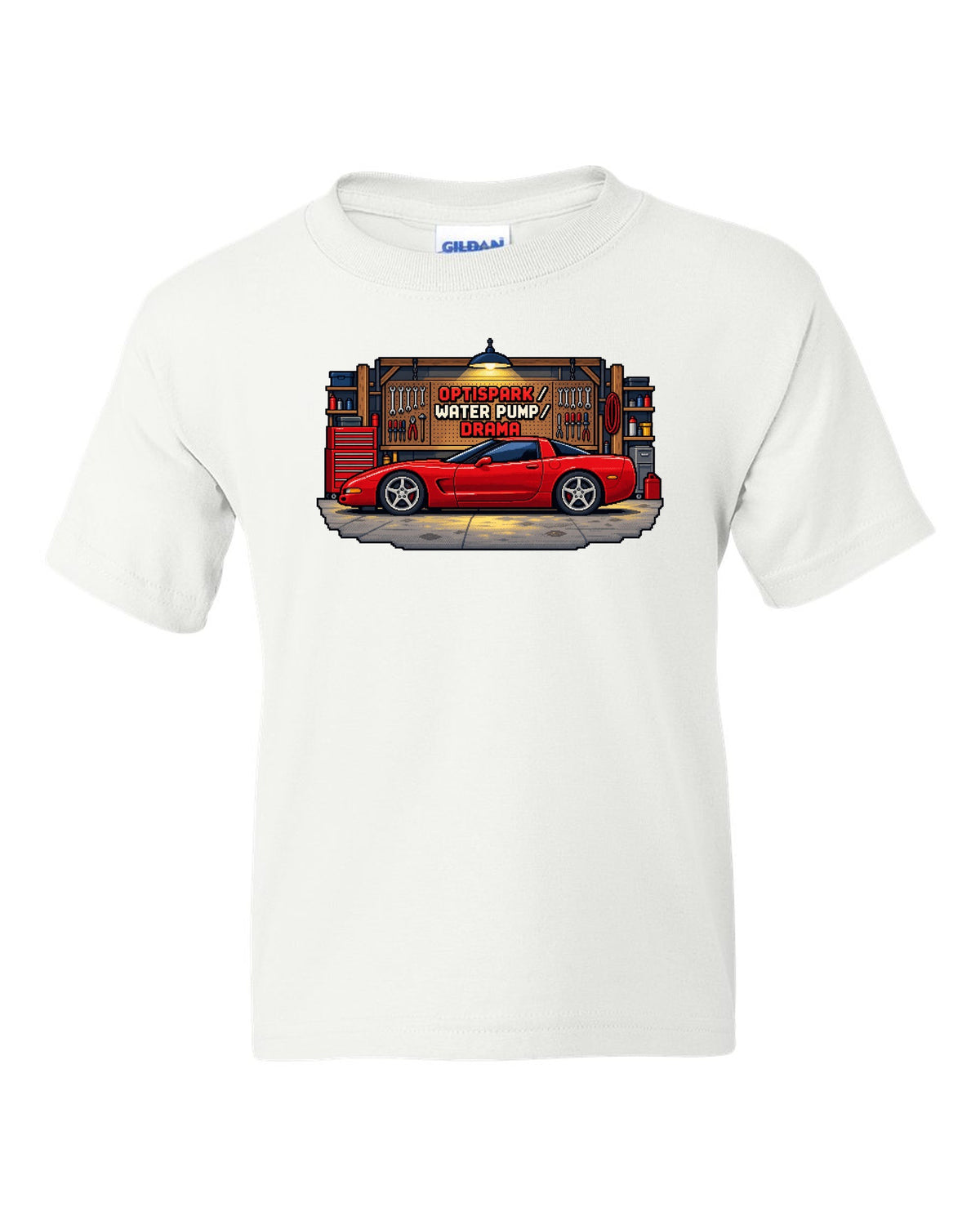 Pixel art print of a 1997 Chevrolet Corvette C5 coupe with Optispark Water Pump Drama text white kids tee front view with the design