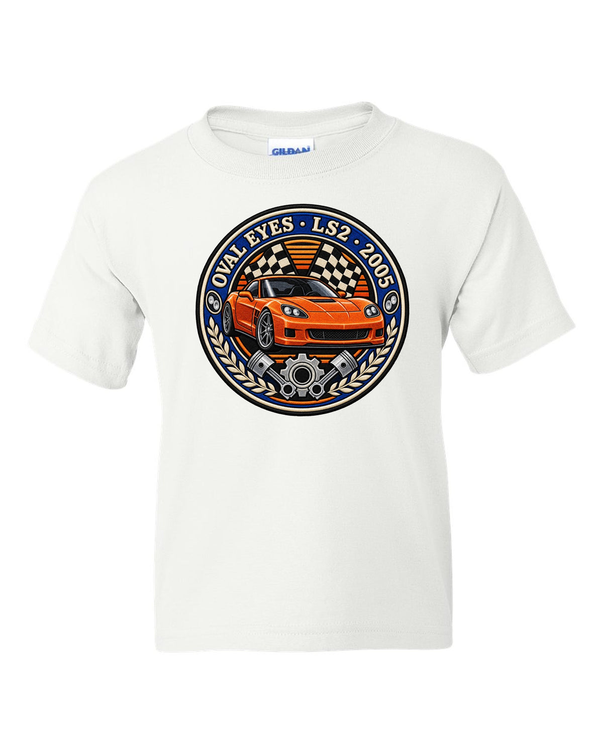 Varsity crest embroidery style print for a 2005 Chevrolet Corvette C6 coupe with Oval Eyes LS2 lettering white kids tee front view with the design