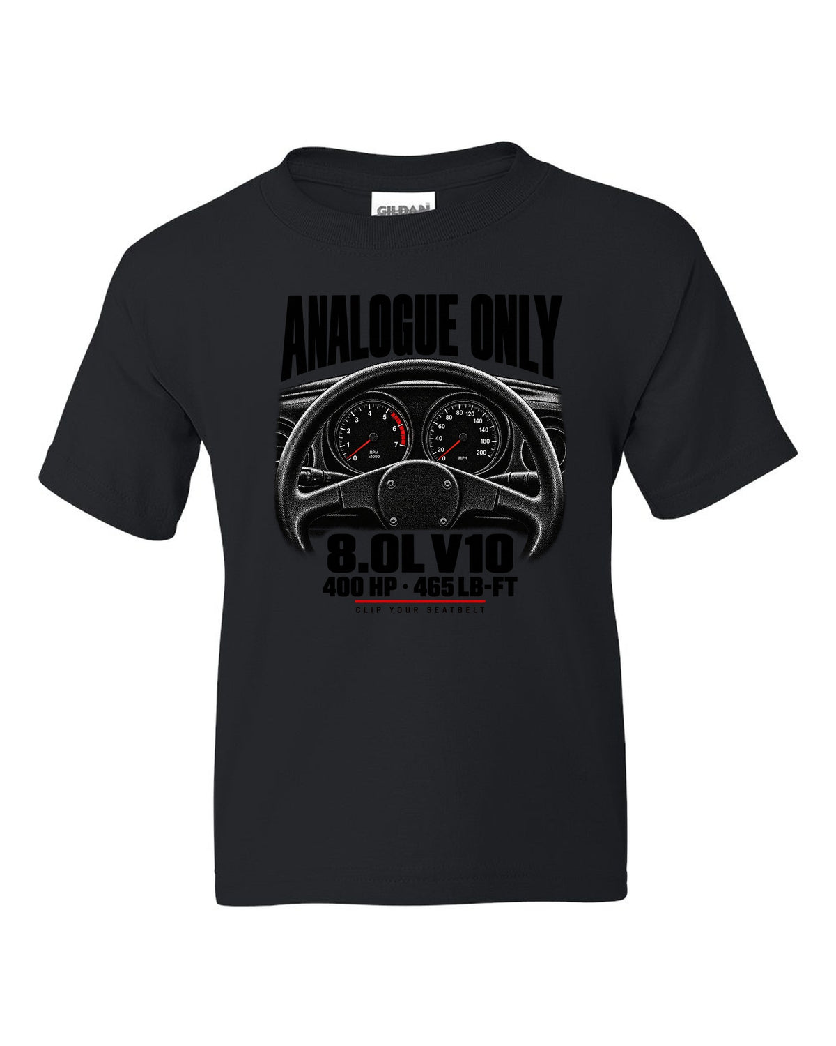Cockpit gauge print of a 1994 Dodge Viper RT/10 SR I with analogue only and 8.0L V10 text black kids tee front view with the design