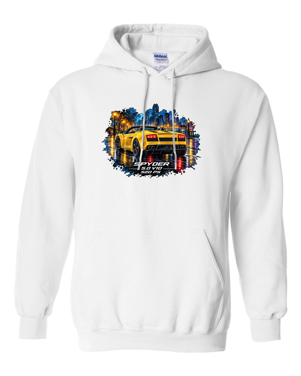 Watercolour wet-road night scene of a Lamborghini Gallardo Spyder with V10 and 520 PS text white pull over hoodie front view with the design